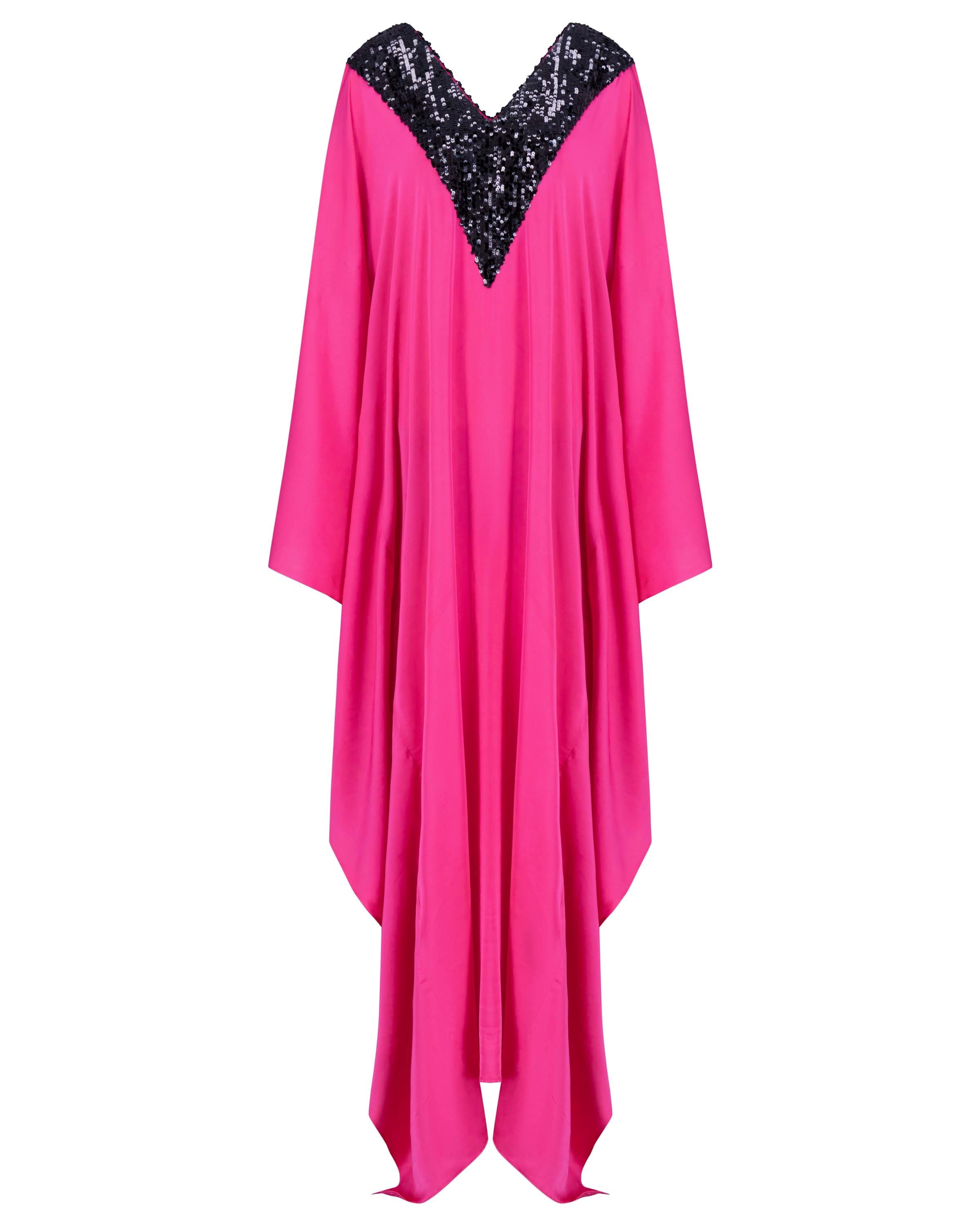 Luxury Promise Taira Her Silk Kaftan With V Neck Sequin Front And Back Colour : Fusia Pink Size: One Size ASC2000