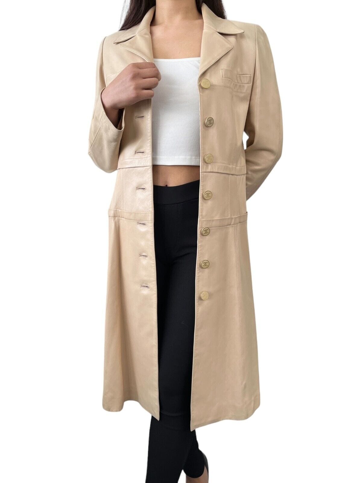 Luxury Promise CHANEL Vintage 01A CC Mark Button Leather Coat #40 Long Jacket Cream Rank AB