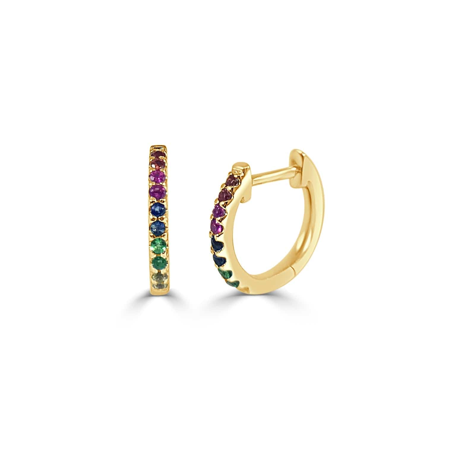 14k Yellow Gold & Rainbow Sapphire Huggie Earrings