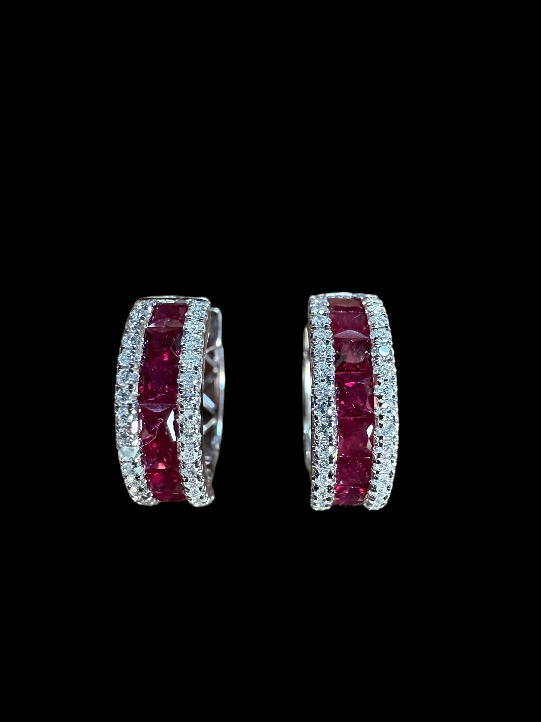 3 Row Ruby and Diamond Earrings set in 18K White Gold