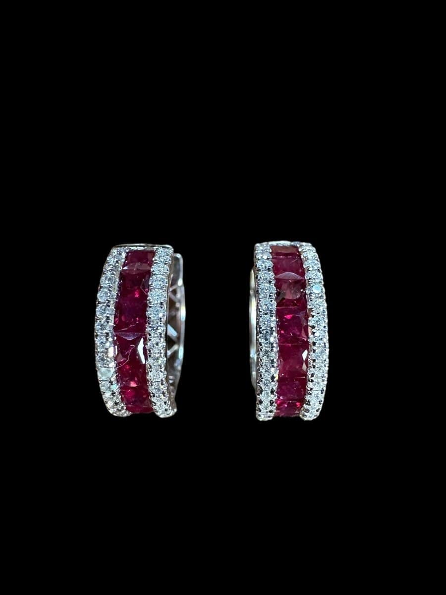 3 Row Ruby and Diamond Earrings set in 18K White Gold