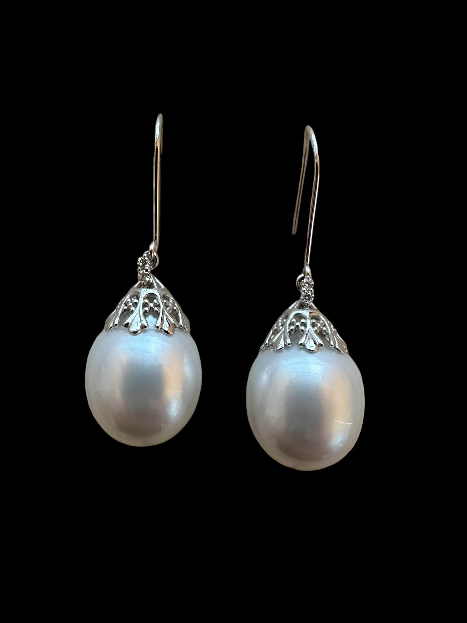 Luxury Promise Natural Cultured Pearl Hook Earrings with Diamond Detail.