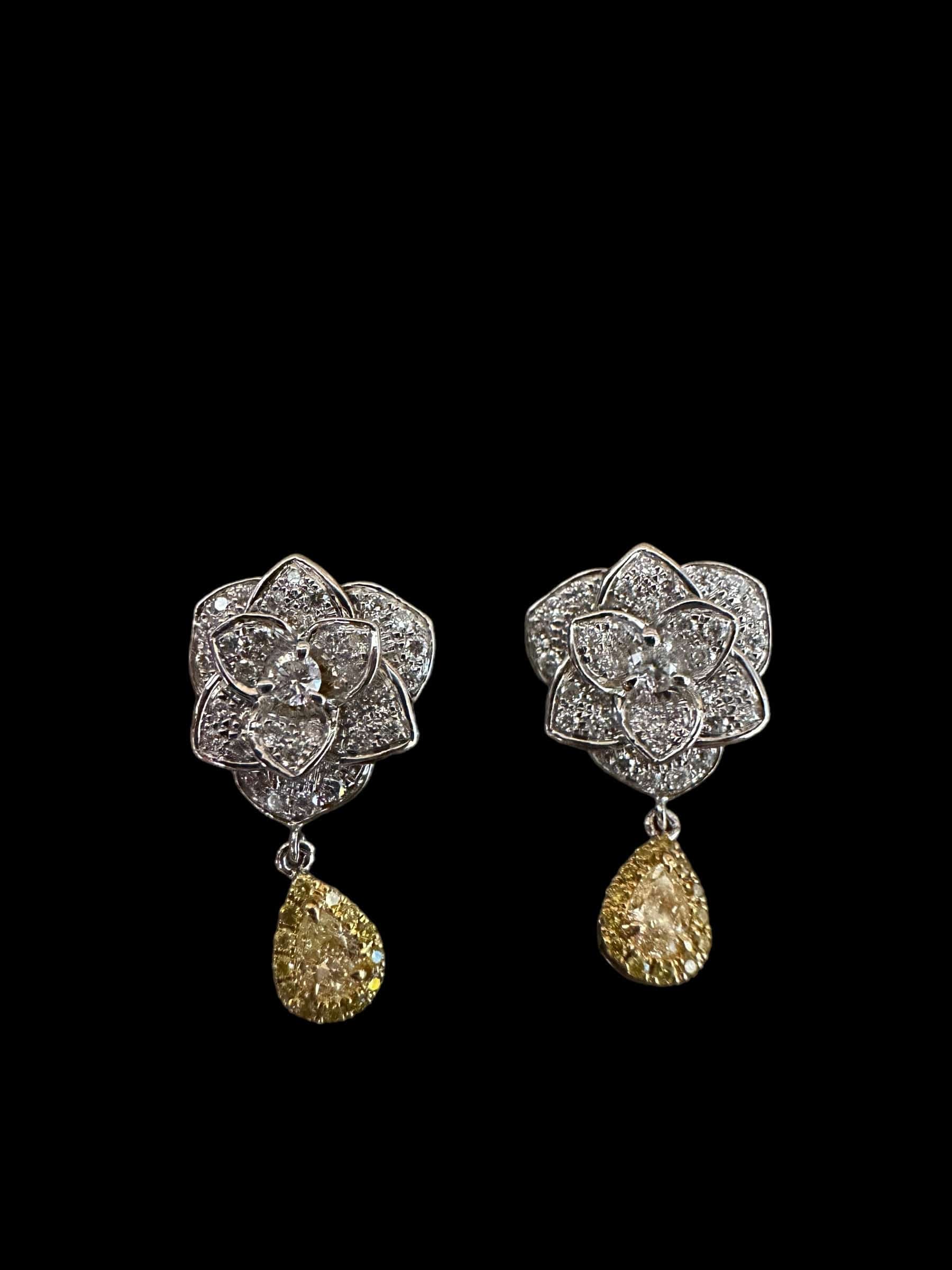 Luxury Promise Natural White & Yellow Diamond Flower Drop Earrings