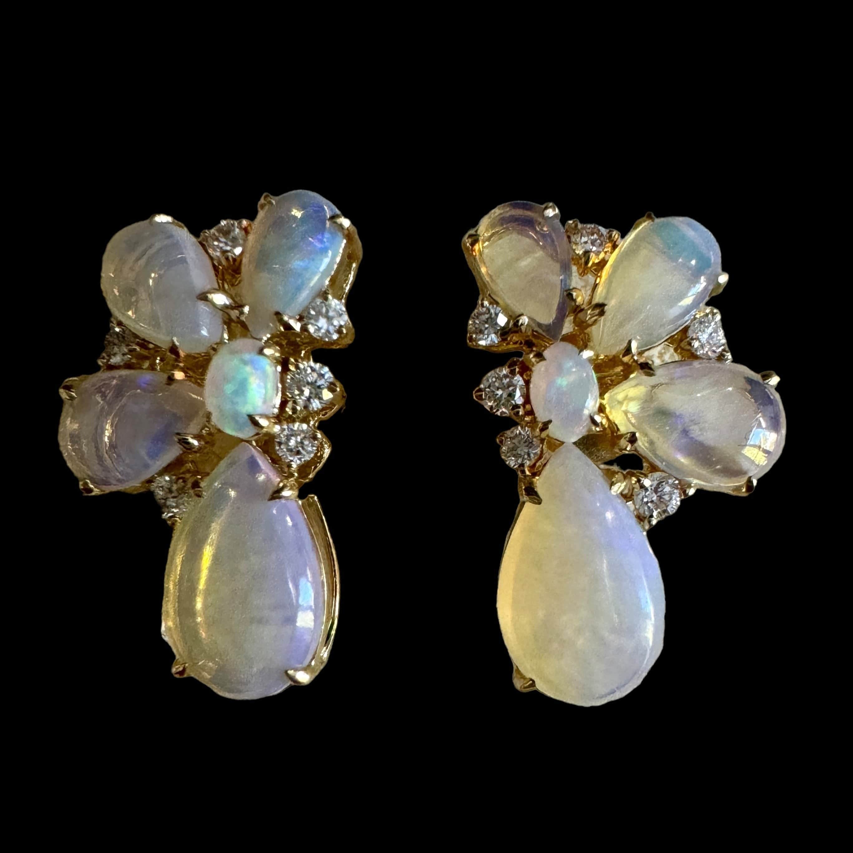 Luxury Promise Opal Stud & Diamond Earrings set in 18K Yellow Gold