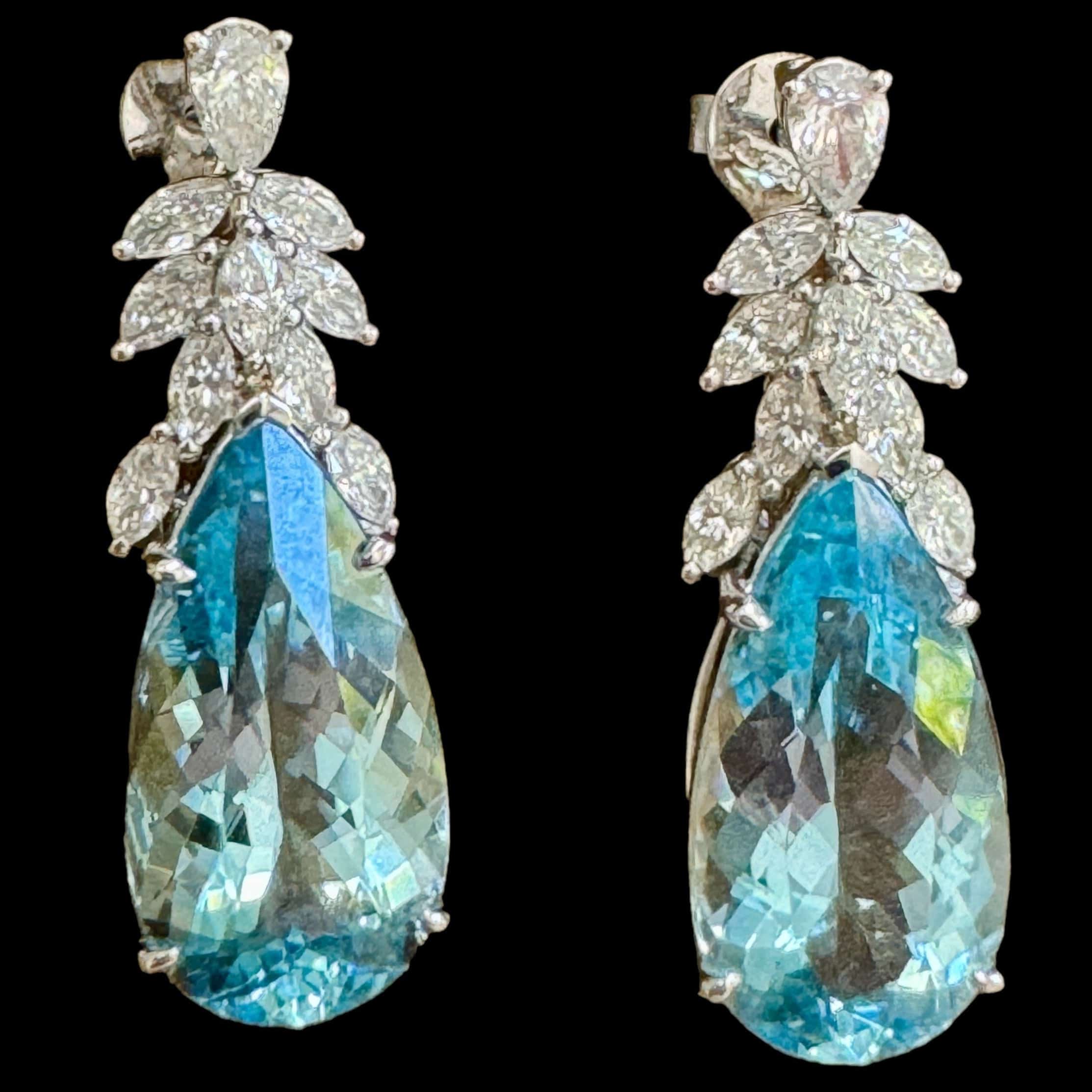 Luxury Promise Pear Shaped Natural Aquamarine Diamond Stud Earrings set in 18K White Gold