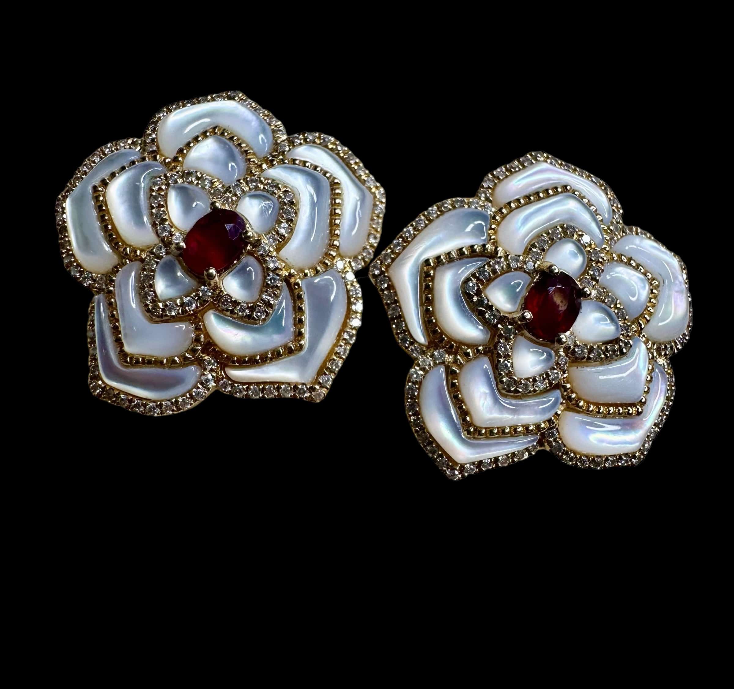 Luxury Promise Ruby and Mother of Pearl Flower earrings