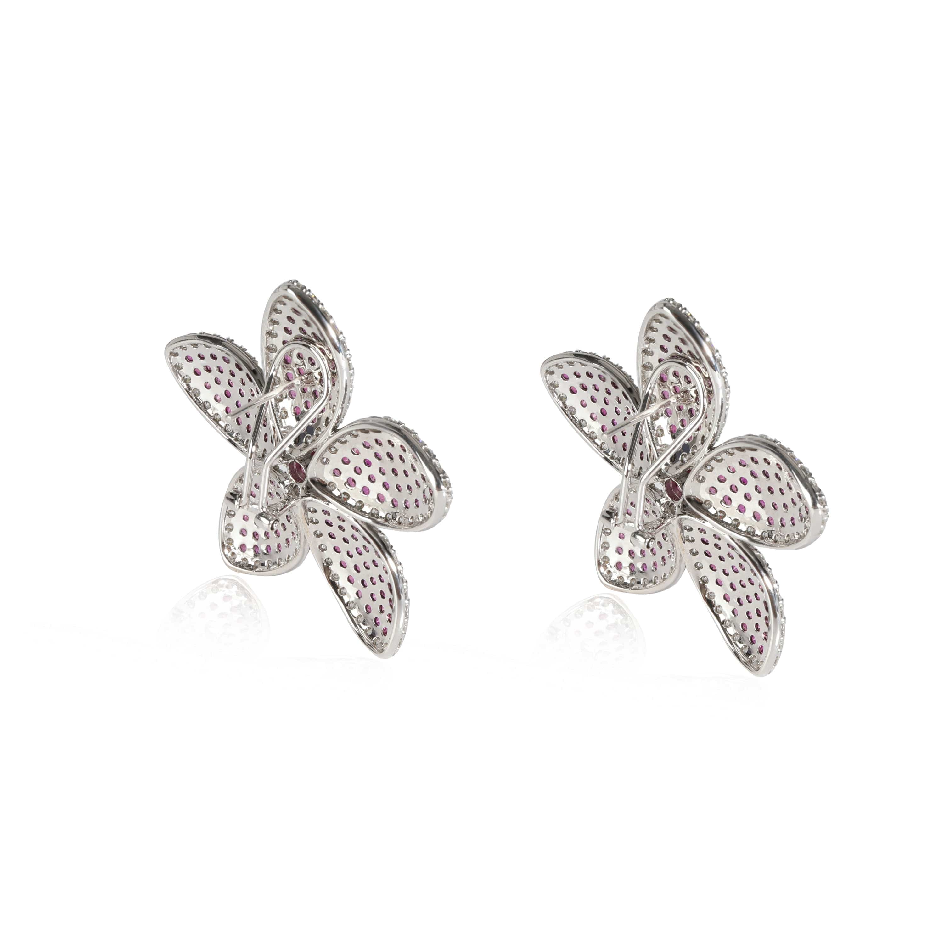 Luxury Promise Ruby Diamond Five Petal Flower Earrings in 18K White Gold 5.75 Ctw