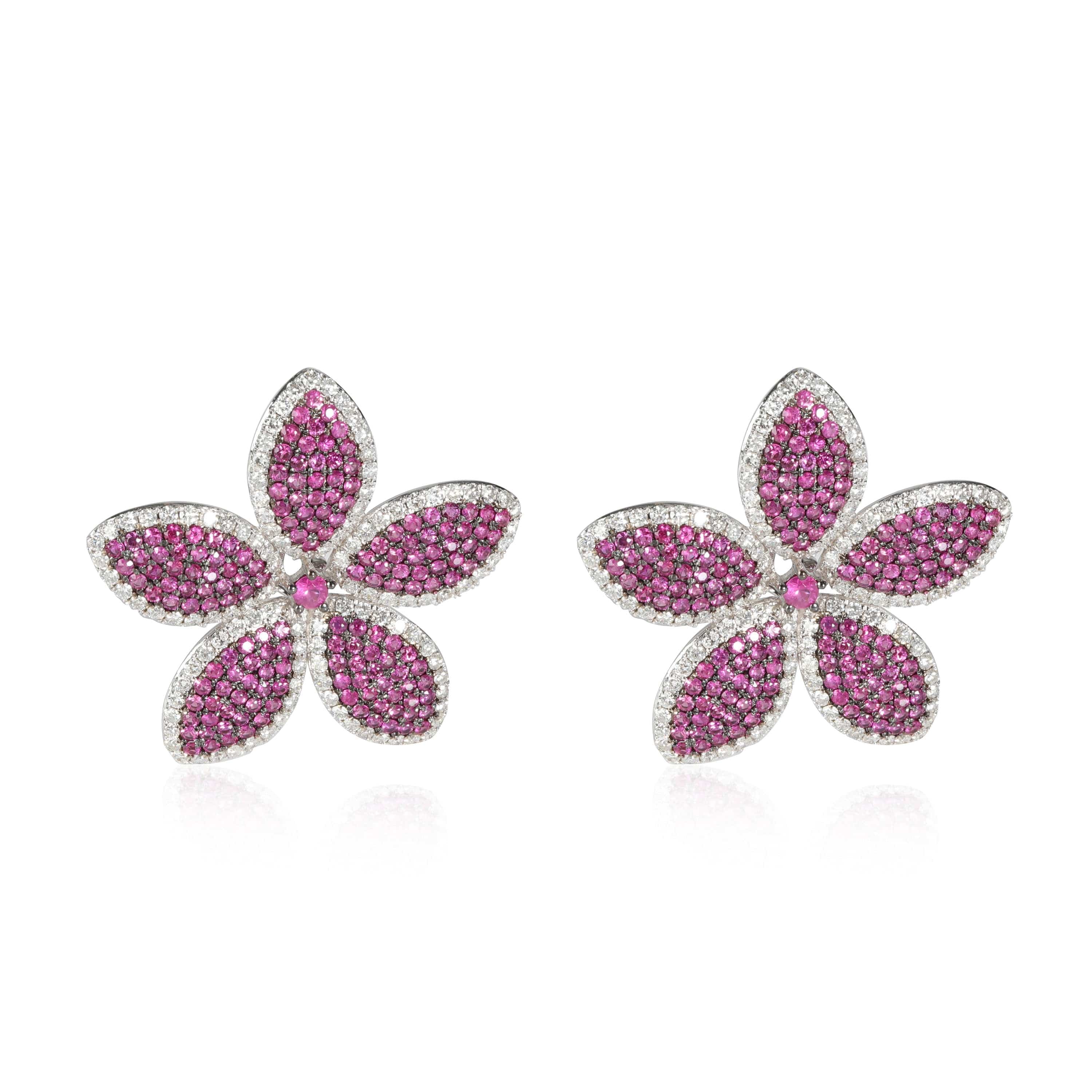 Luxury Promise Ruby Diamond Five Petal Flower Earrings in 18K White Gold 5.75 Ctw