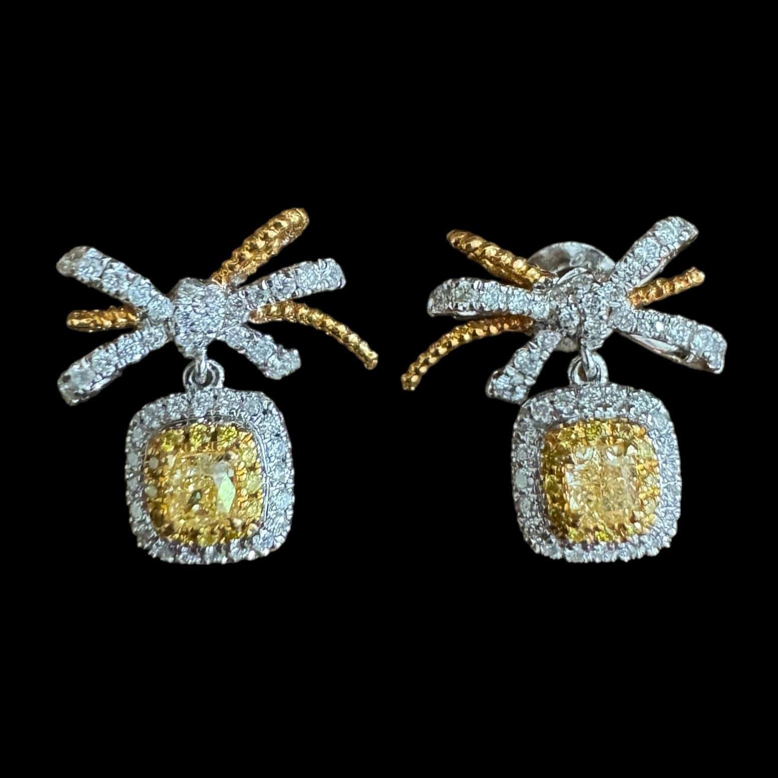 Luxury Promise Square & Bow Shaped Yellow & White Diamond Earrings