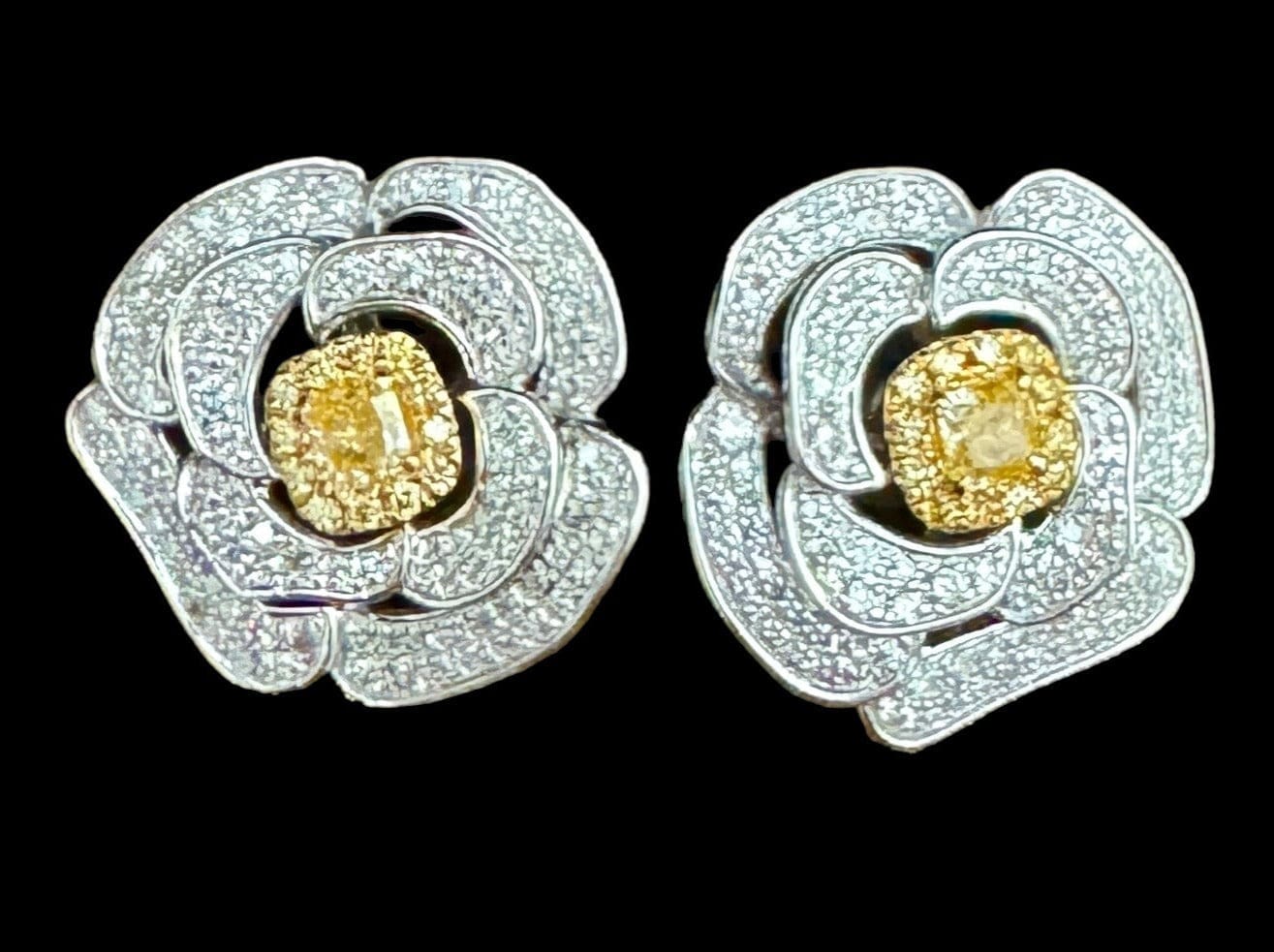 Luxury Promise Square Yellow Diamonds Set in Floral Shaped Diamond Earrings