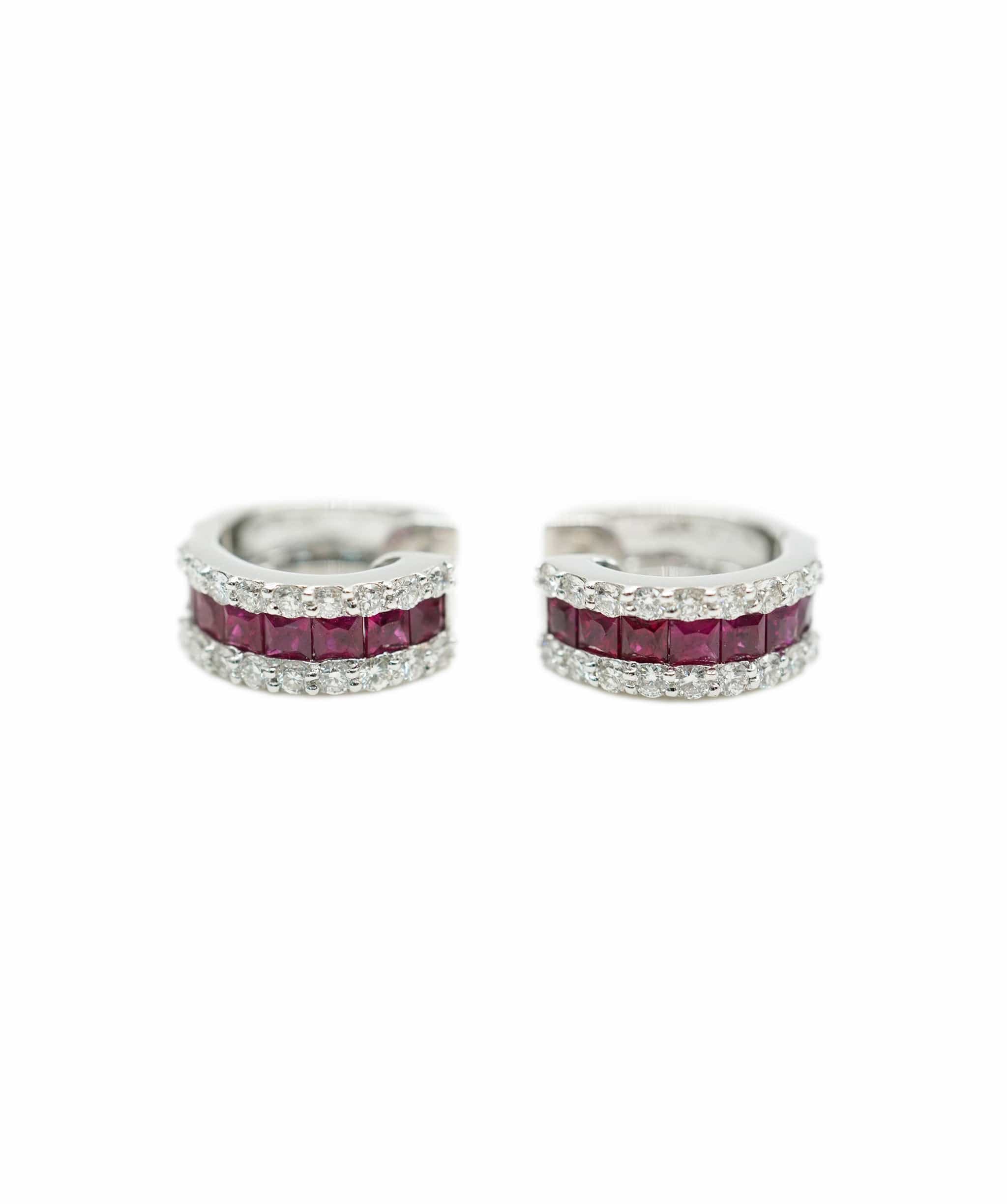 Luxury Promise Ruby and diamond 18 carat white gold huggie earrings AHC1626