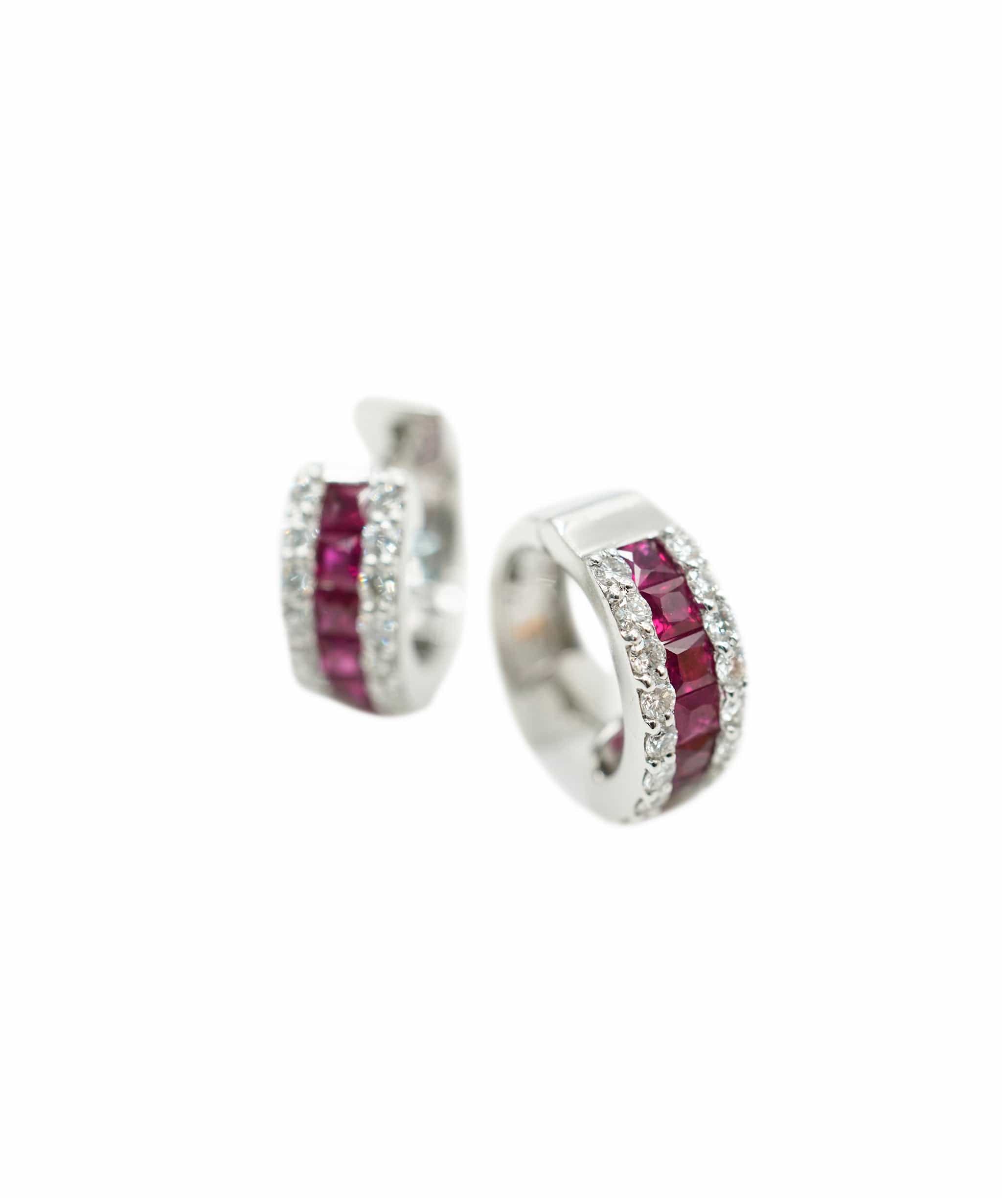 Luxury Promise Ruby and diamond 18 carat white gold huggie earrings AHC1626