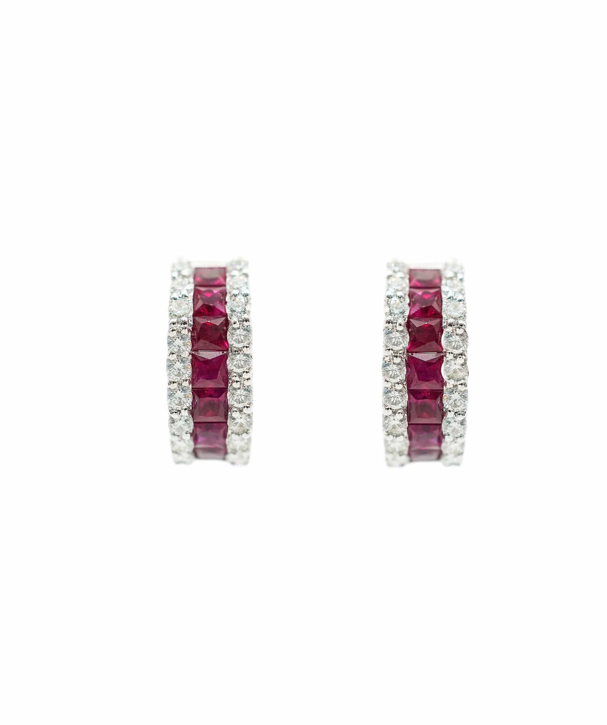 Luxury Promise Ruby and diamond 18 carat white gold huggie earrings AHC1626