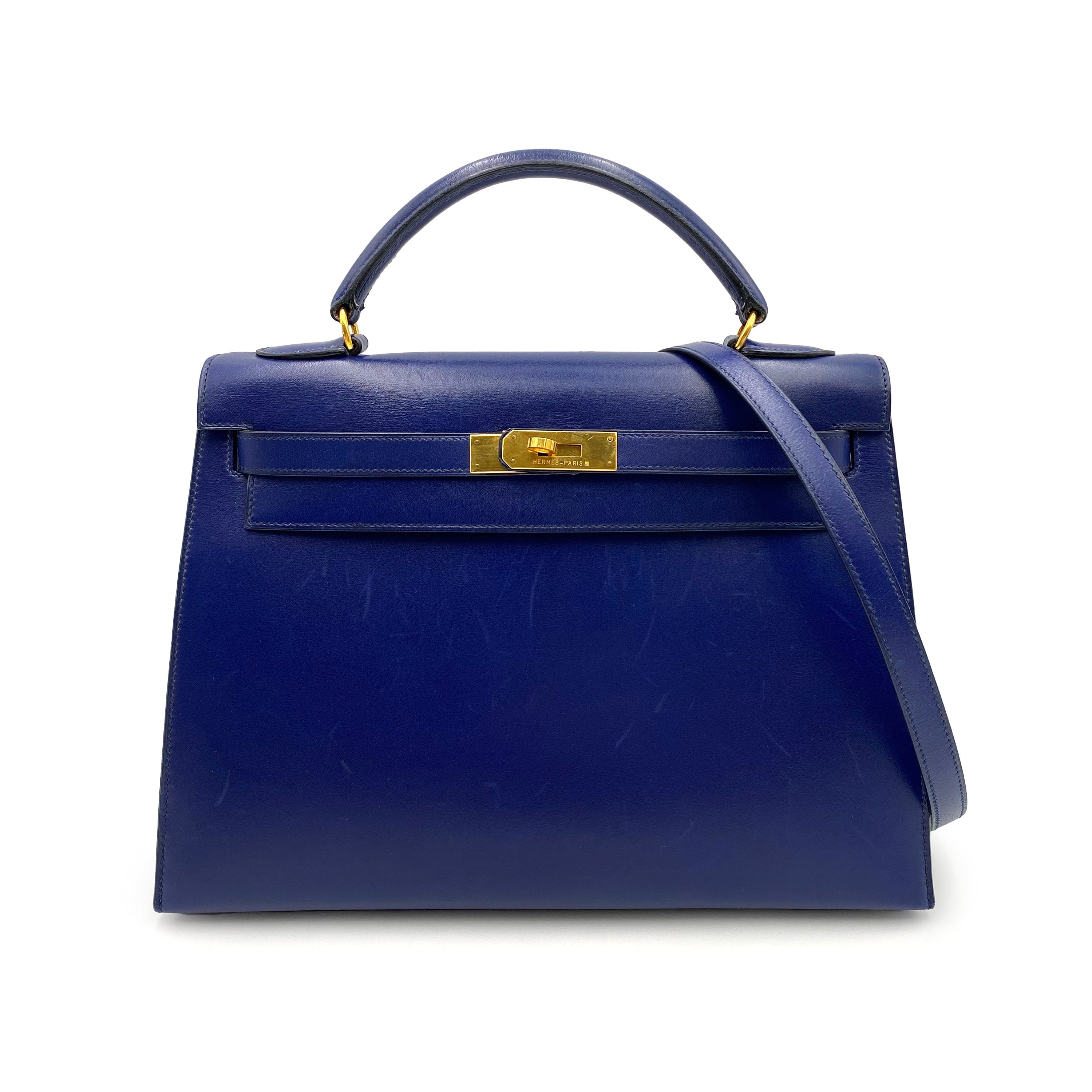 Luxury Promise HERMES KELLY 32 SELLIER BLUE SAPPHIRE BOXCALF HAND SHOULDER BAG 〇X 90232579