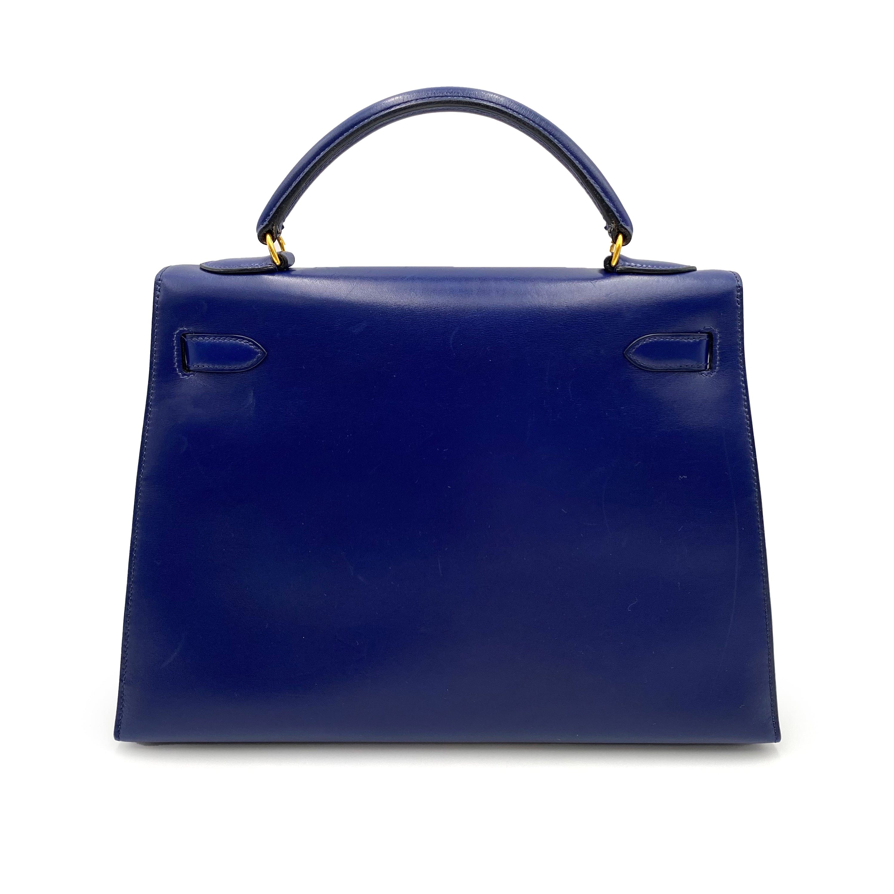 Luxury Promise HERMES KELLY 32 SELLIER BLUE SAPPHIRE BOXCALF HAND SHOULDER BAG 〇X 90232579