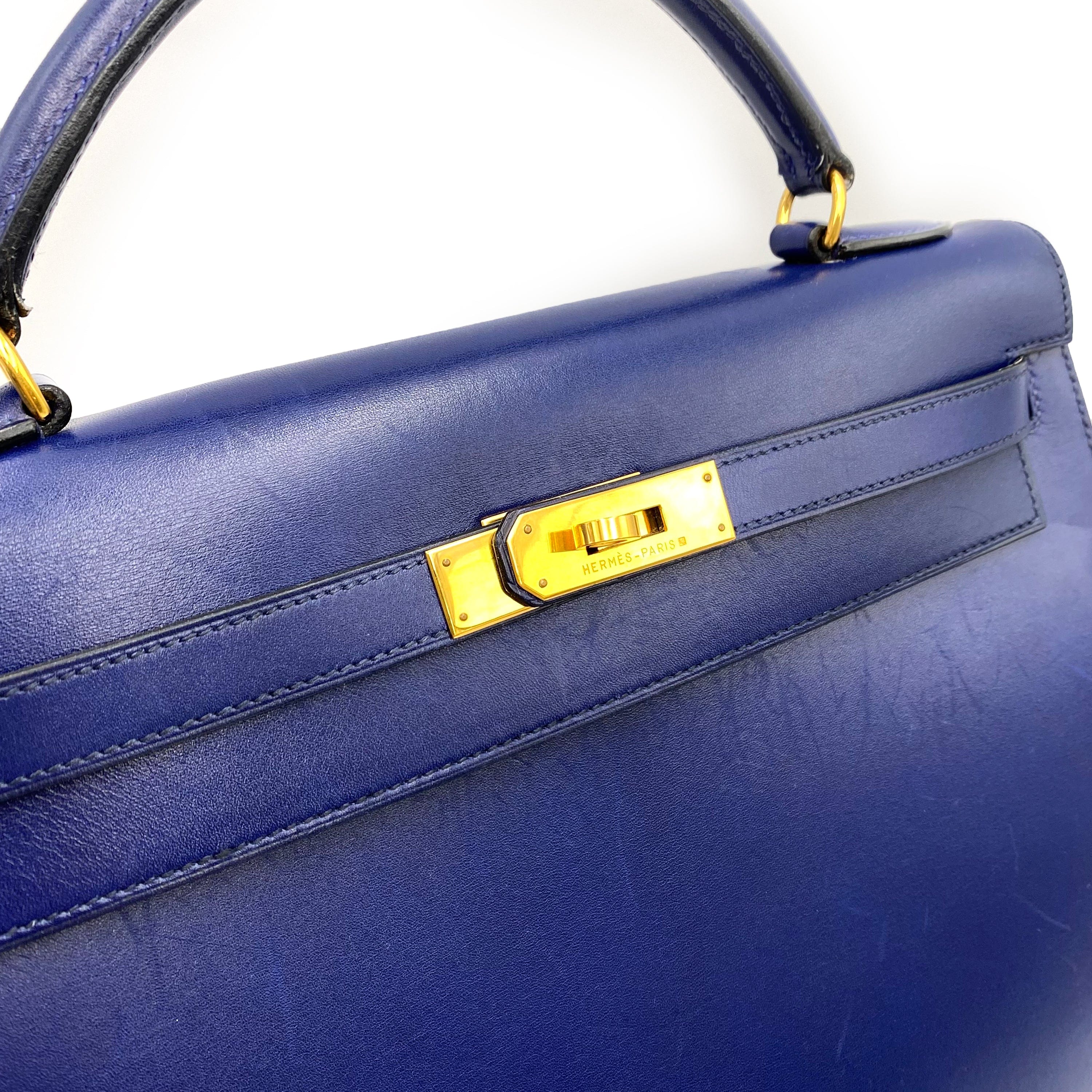 Luxury Promise HERMES KELLY 32 SELLIER BLUE SAPPHIRE BOXCALF HAND SHOULDER BAG 〇X 90232579