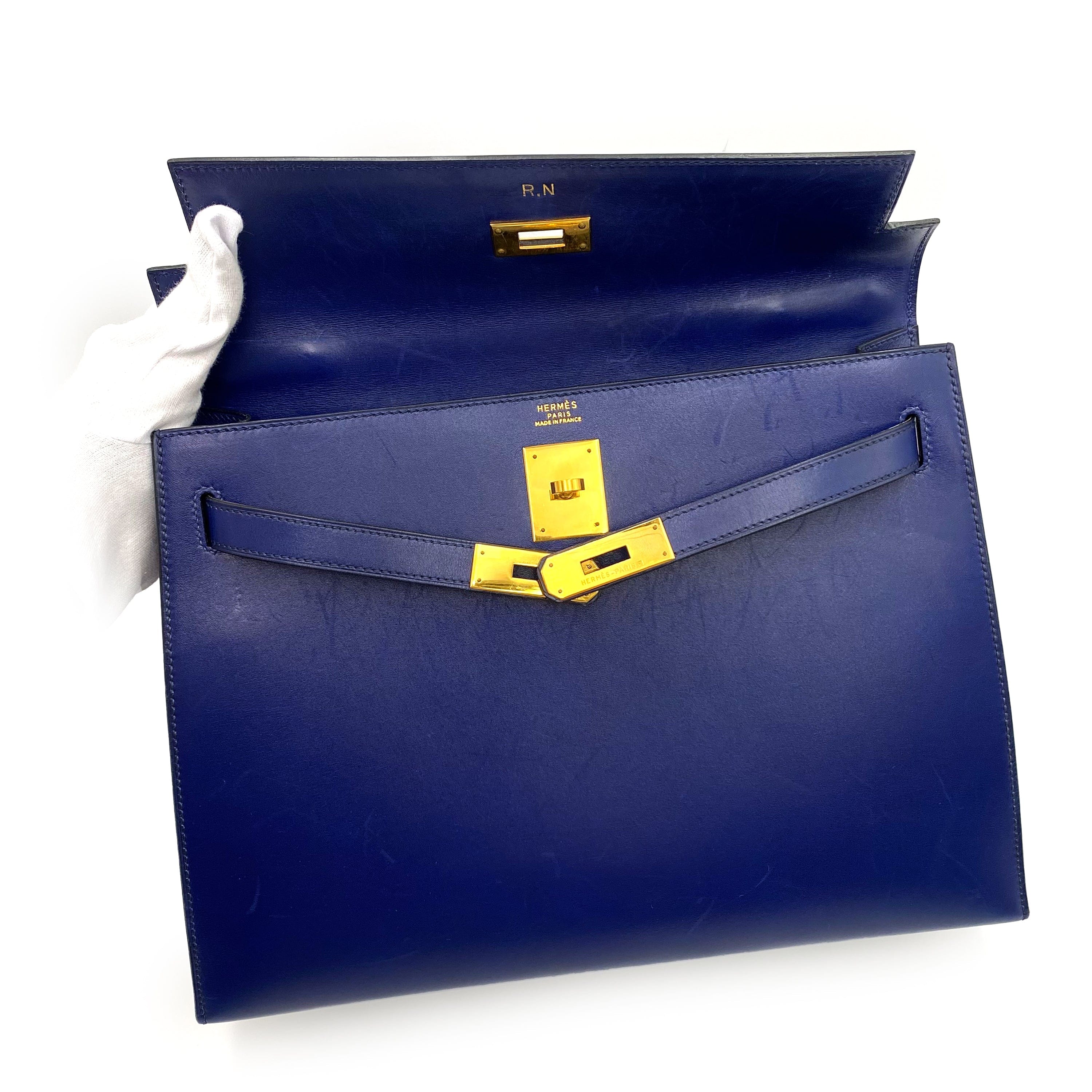 Luxury Promise HERMES KELLY 32 SELLIER BLUE SAPPHIRE BOXCALF HAND SHOULDER BAG 〇X 90232579