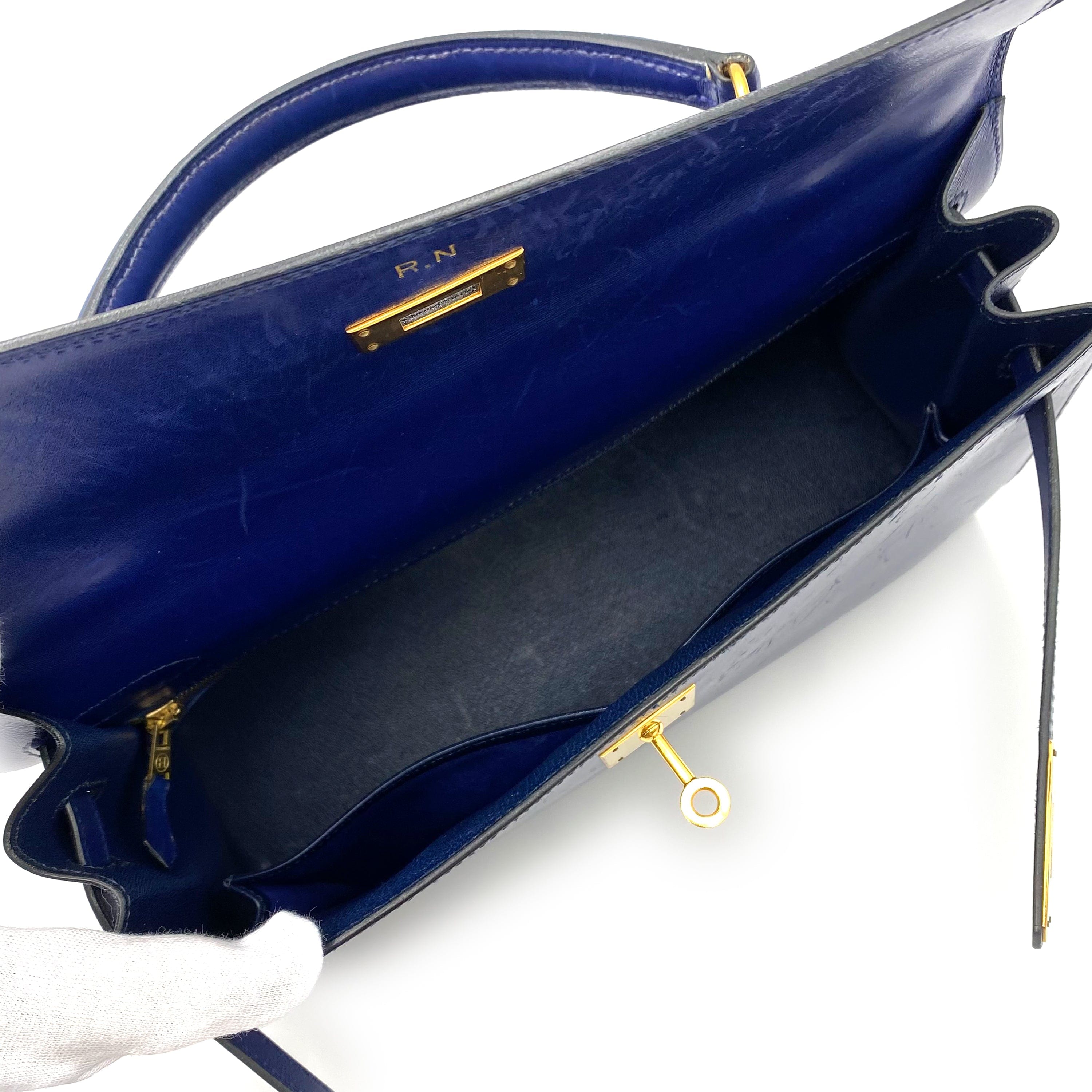 Luxury Promise HERMES KELLY 32 SELLIER BLUE SAPPHIRE BOXCALF HAND SHOULDER BAG 〇X 90232579