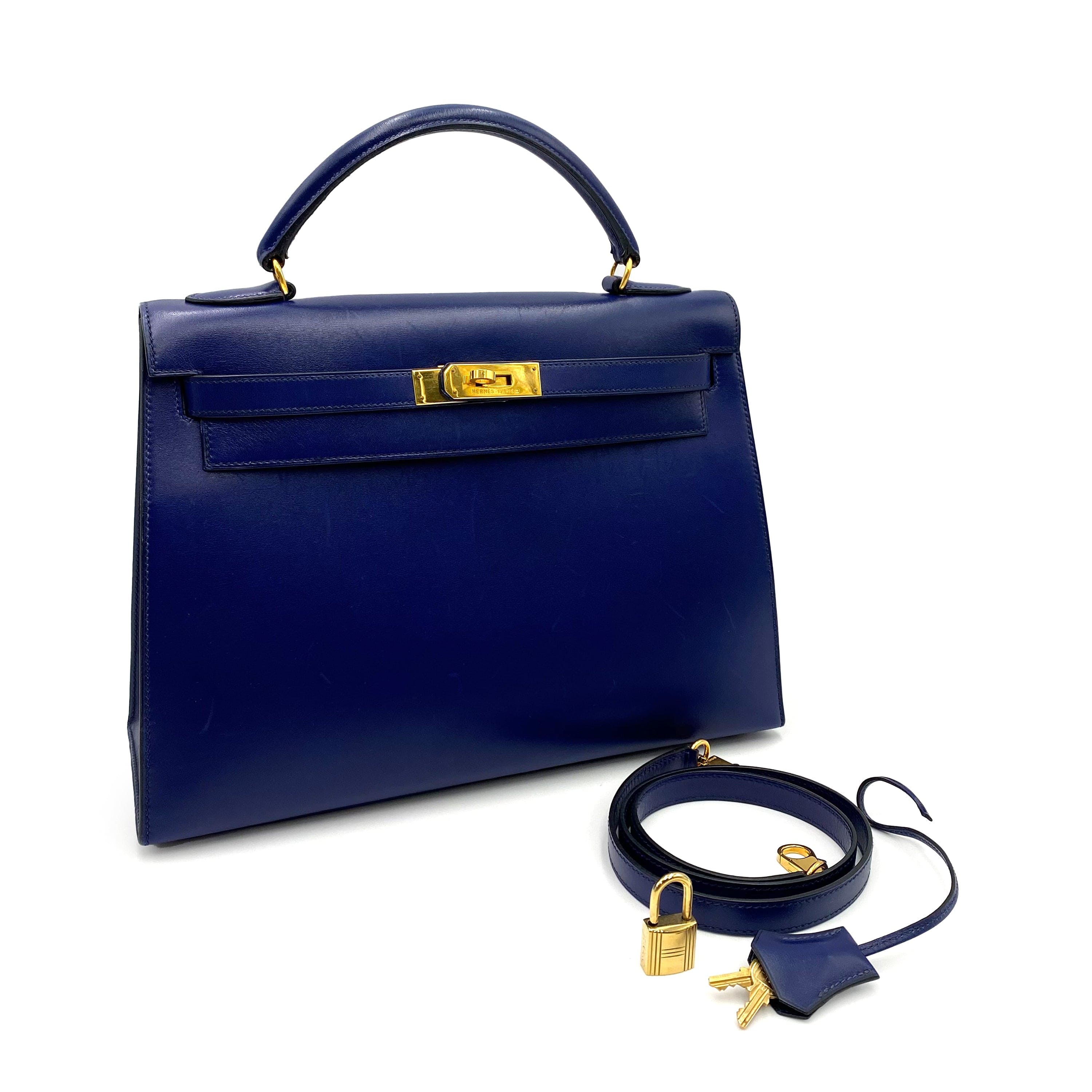 Luxury Promise HERMES KELLY 32 SELLIER BLUE SAPPHIRE BOXCALF HAND SHOULDER BAG 〇X 90232579