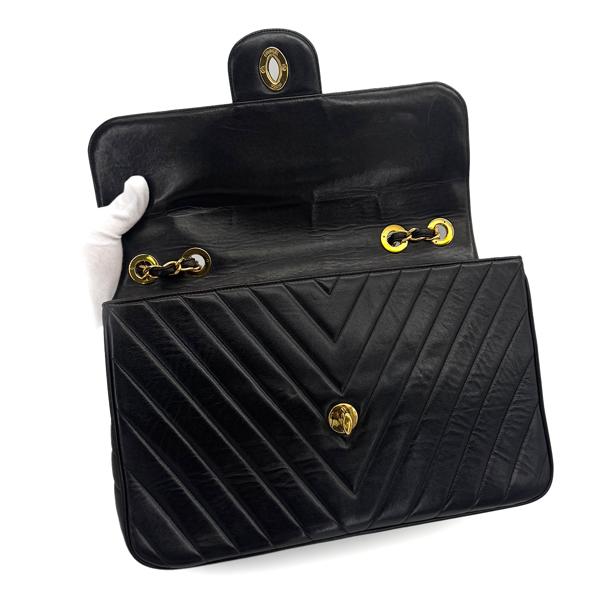 Luxury Promise Japan CHANEL VINTAGE CHEVRON CHAIN SHOULDER BAG BLACK LAMB SKIN 90286581