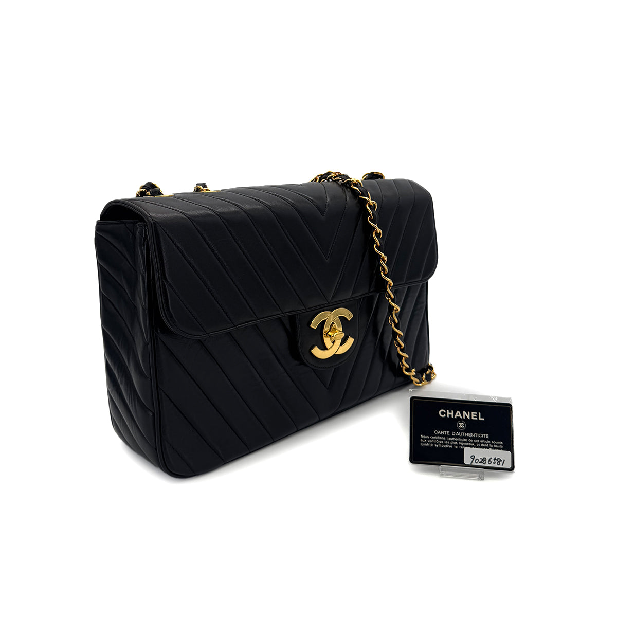 Luxury Promise Japan CHANEL VINTAGE CHEVRON CHAIN SHOULDER BAG BLACK LAMB SKIN 90286581