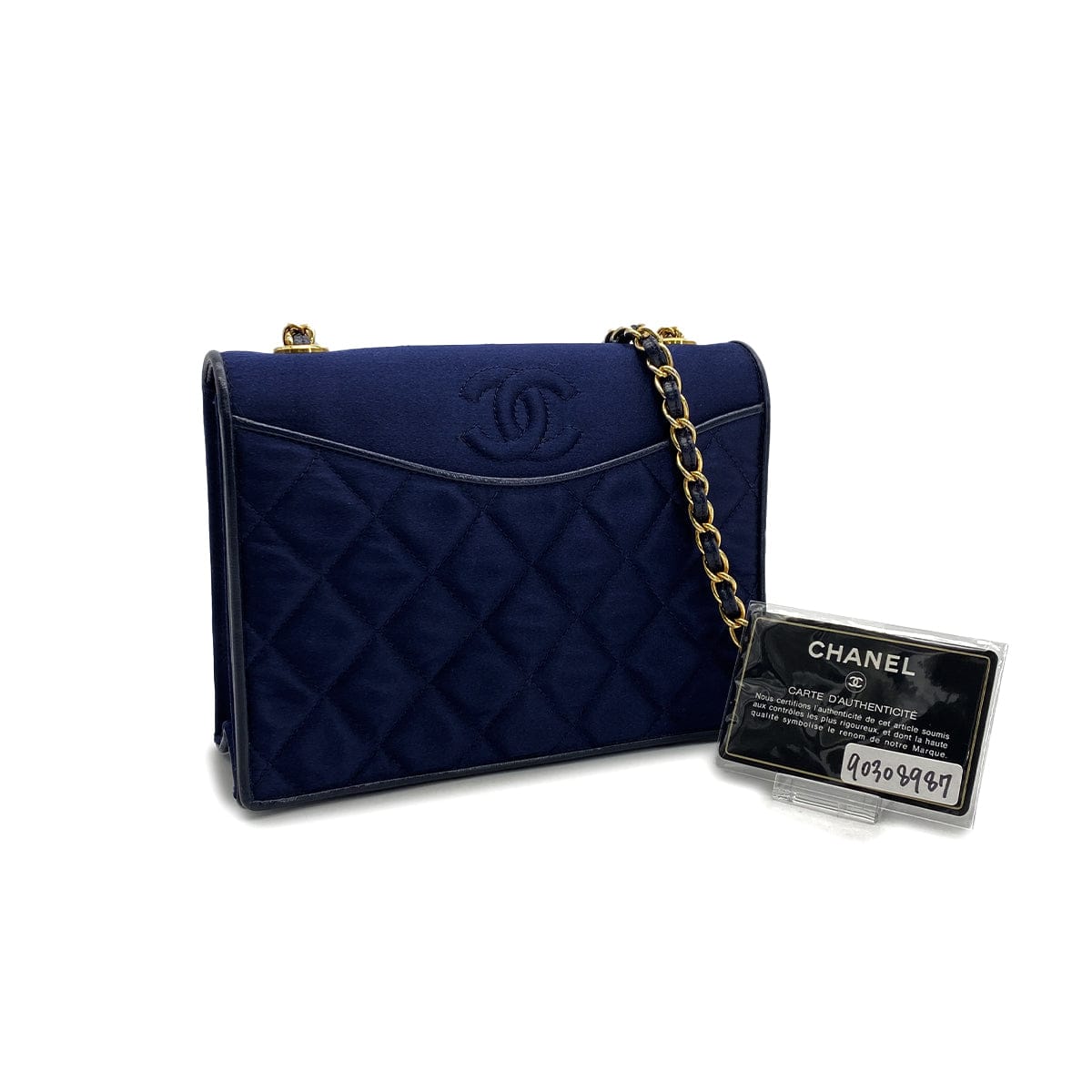 Luxury Promise Japan CHANEL VINTAGE COCOMARK MATELASSE CHAIN SHOULDER BAG NAVY SATIN LEATHER 90308987
