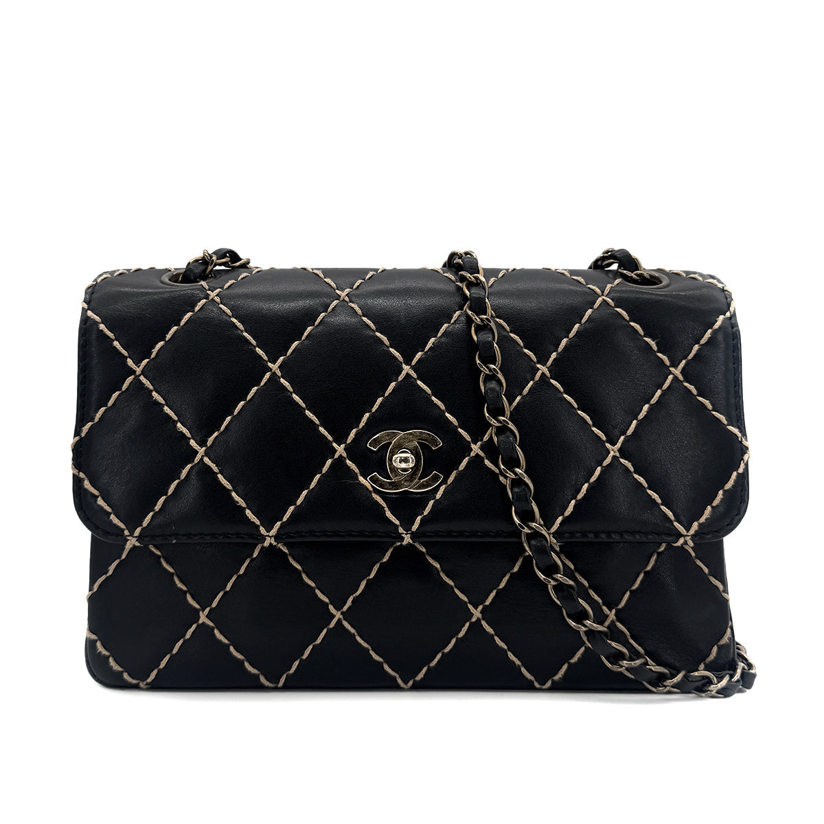 Luxury Promise Japan CHANEL VINTAGE WILD STITCH CHAIN SHOULDER BAG BLACK LEATHER 90273066