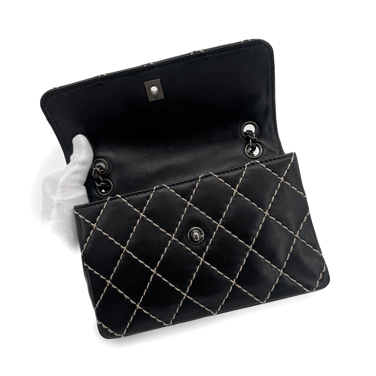 Luxury Promise Japan CHANEL VINTAGE WILD STITCH CHAIN SHOULDER BAG BLACK LEATHER 90273066