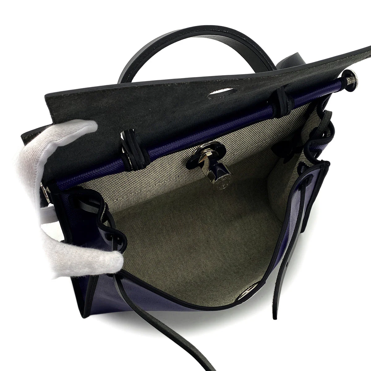 Luxury Promise Japan HERMES HER BAG ZIP PM 31 BLEU ENCRE BLACK TOILE H BERLINE VACHE HUNTER HAND SHOULDER BAG C 90296673