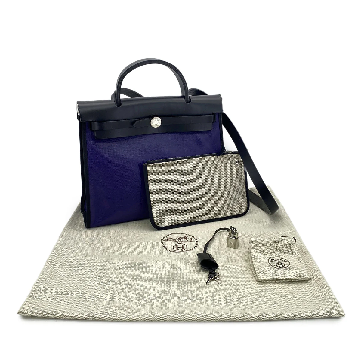 Luxury Promise Japan HERMES HER BAG ZIP PM 31 BLEU ENCRE BLACK TOILE H BERLINE VACHE HUNTER HAND SHOULDER BAG C 90296673