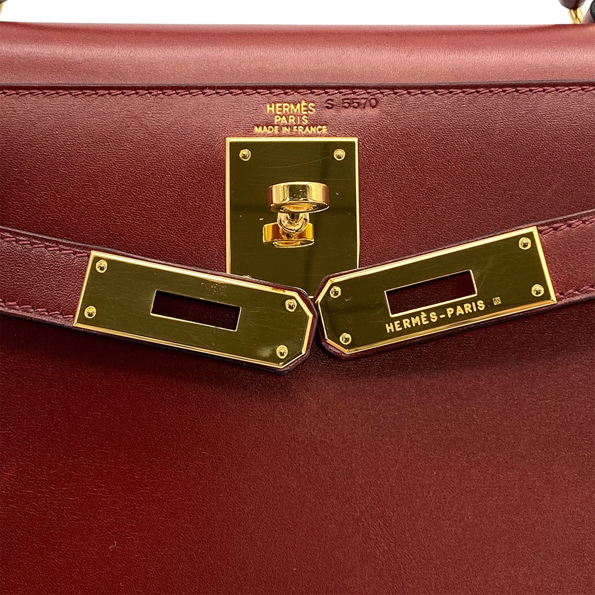 Luxury Promise Japan HERMES KELLY 28 SELLIER ROUGE H BOXCALF HAND SHOULDER BAG 2002 SQUARE F GOLD HARDWARE 90324446