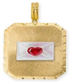 Luxury Promise BeMine
7.76 grams of 18K Gold- Hand Carved Mother of Pearl-
Heart shaped Ruby ASC5450