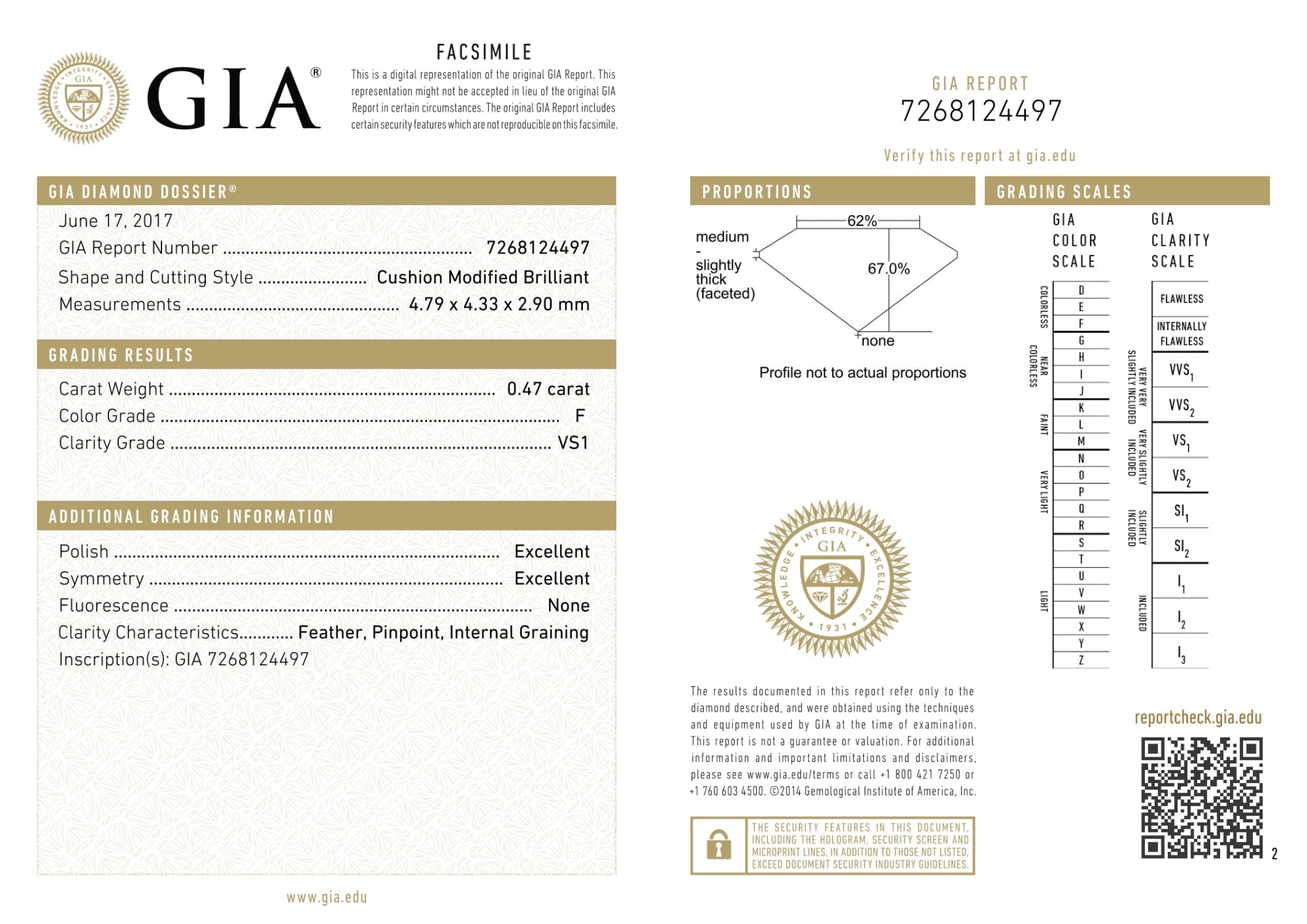 Luxury Promise GIA Certified 0.47 Ct Cushion cut F VS1 Loose Diamond