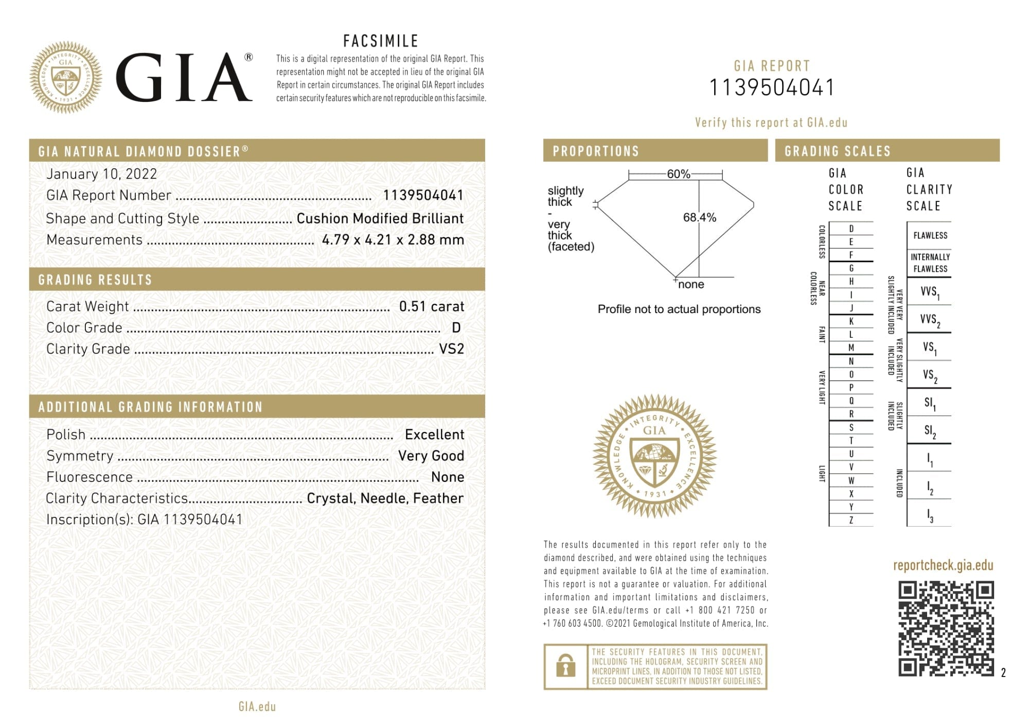 Luxury Promise GIA Certified 0.51 Ct Cushion cut D VS2 Loose Diamond