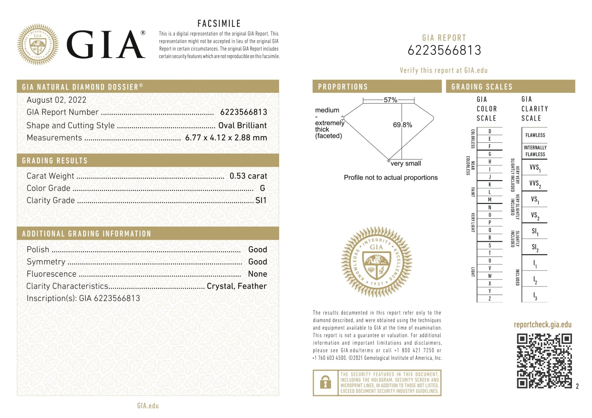 Luxury Promise GIA Certified 0.53 Ct Oval cut G SI1 Loose Diamond