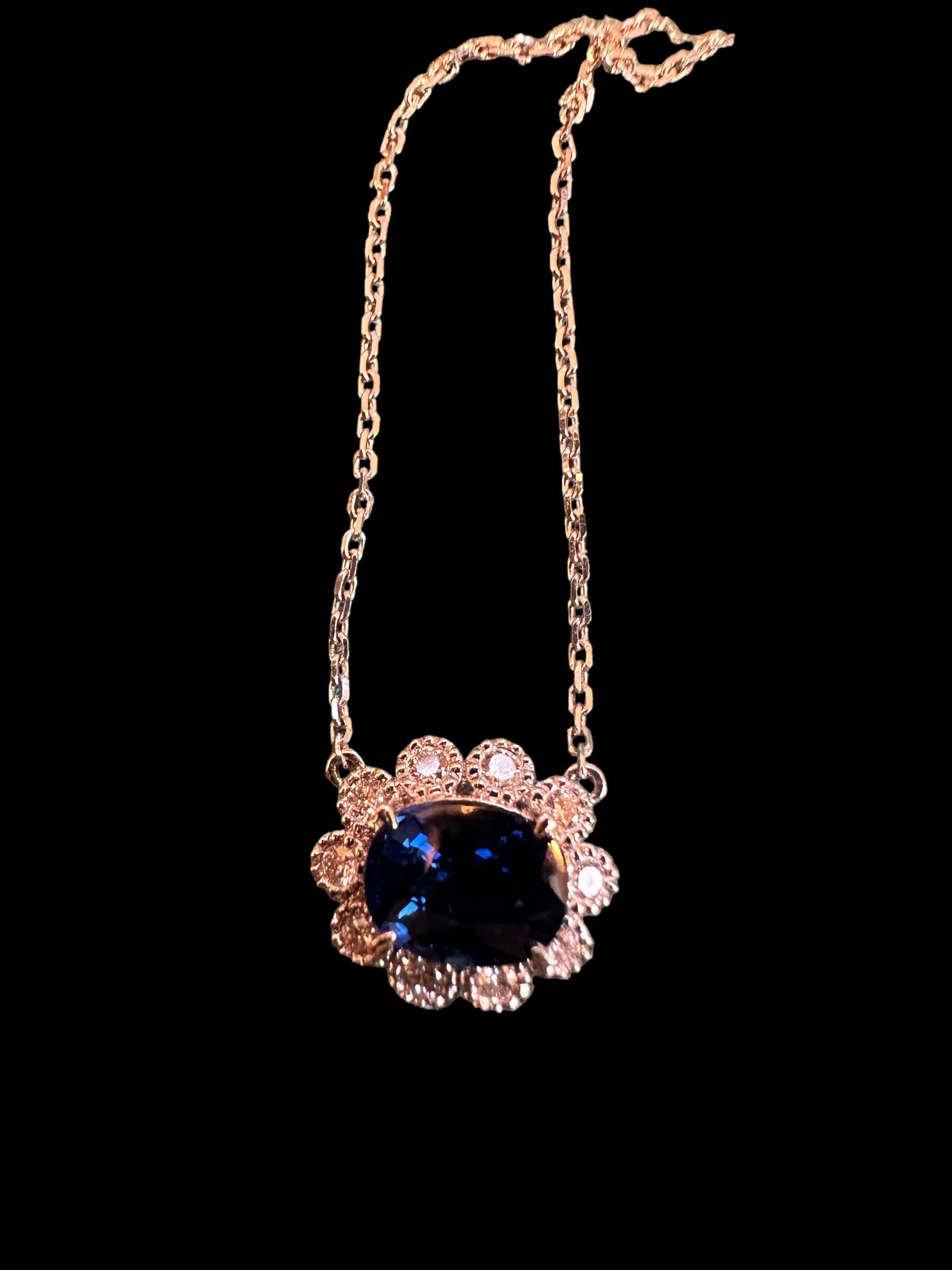 Luxury Promise Natural Sapphire surrounded with diamonds necklace