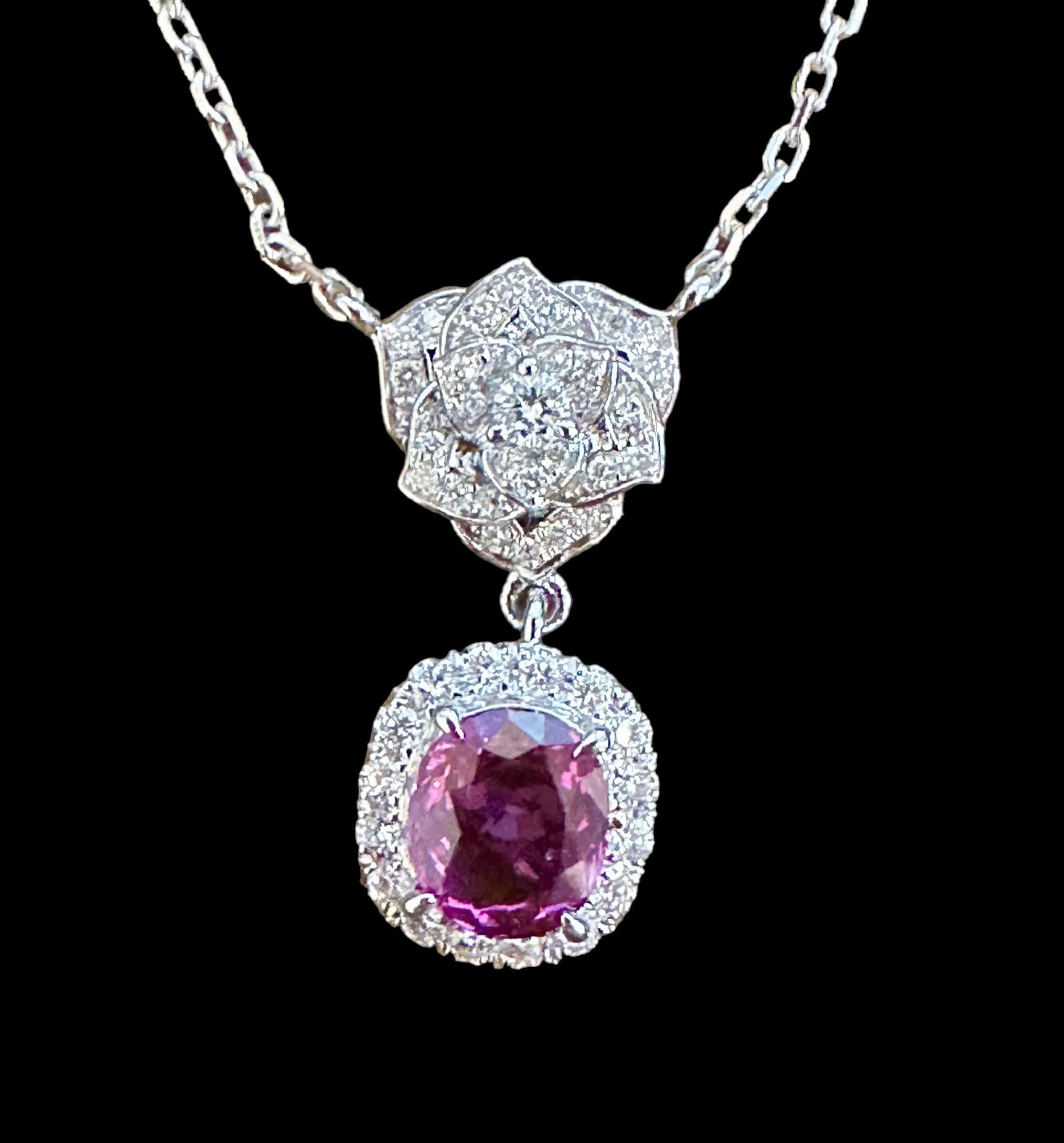 Luxury Promise Oval Pink Sapphire Set in a Halo setting with all Diamond Flower Pendant Necklace