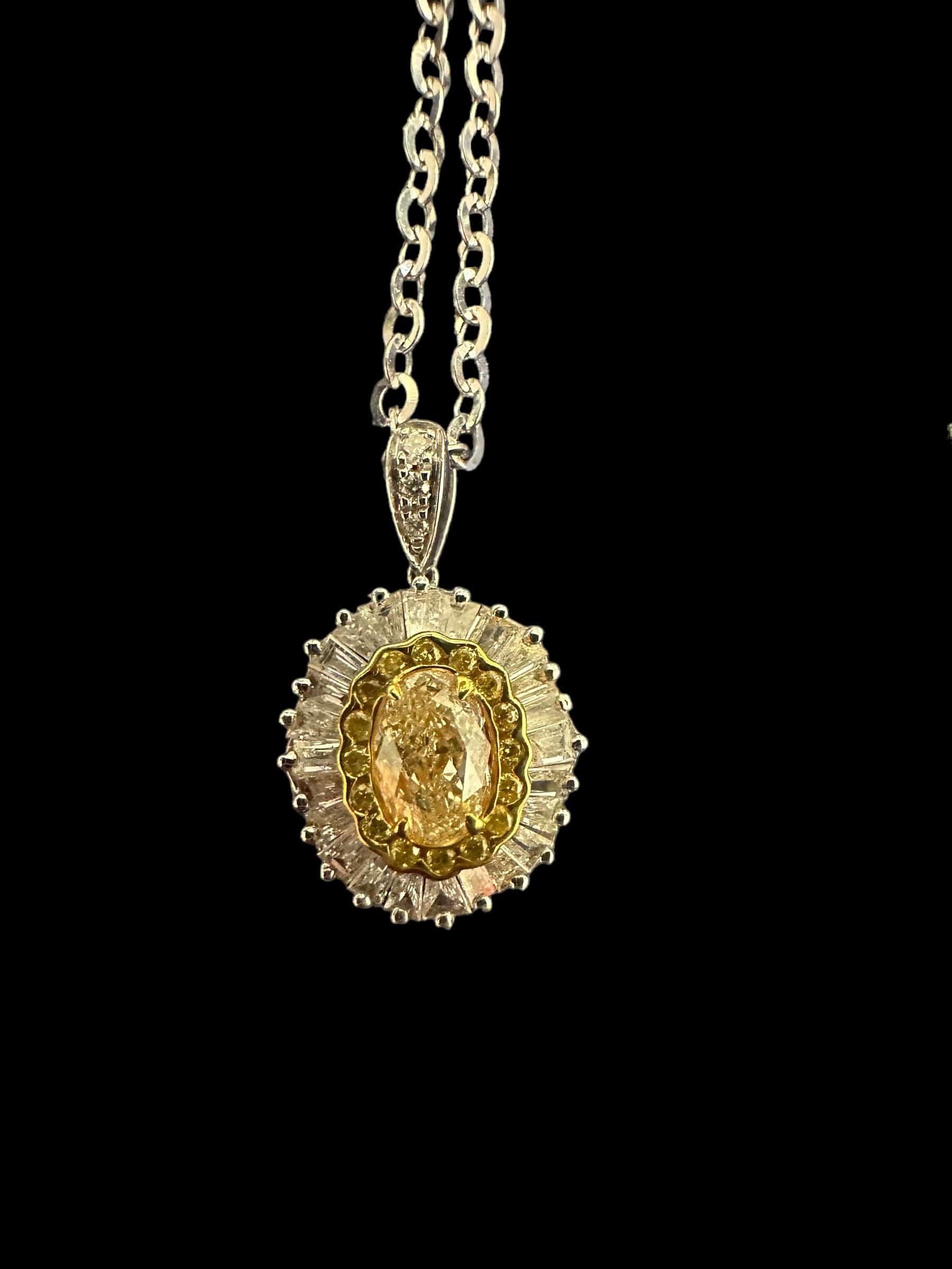 Luxury Promise Oval Yellow Diamond with Surrounding baguette & round White Diamond Necklace