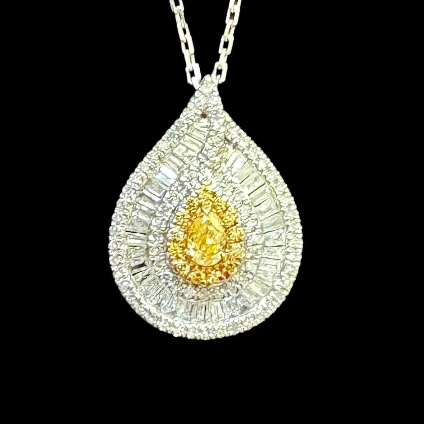 Luxury Promise Pear Shaped Yellow Diamonds Set in Diamond Necklace