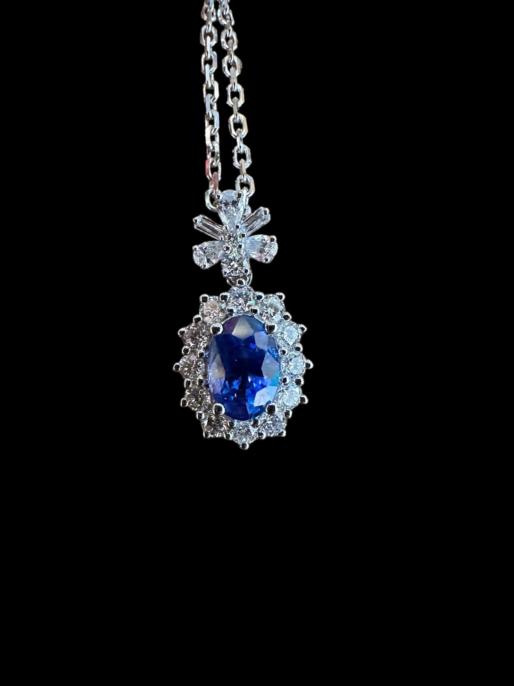 Luxury Promise Royal Blue Oval Sapphire & Diamond Pendant Necklace  in 18K White Gold