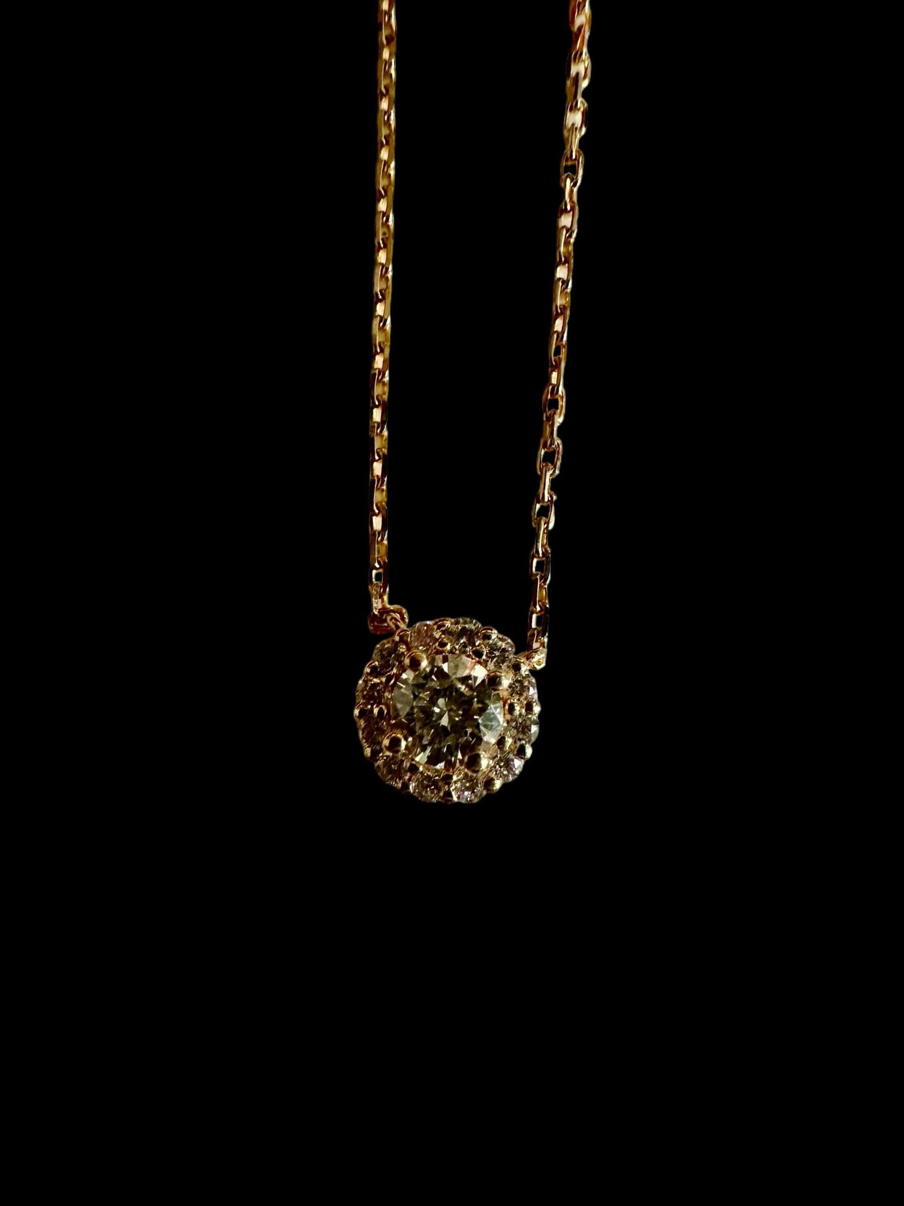 Luxury Promise Single Diamond with Surrounding Diamonds set in 18K Yellow Gold Necklace