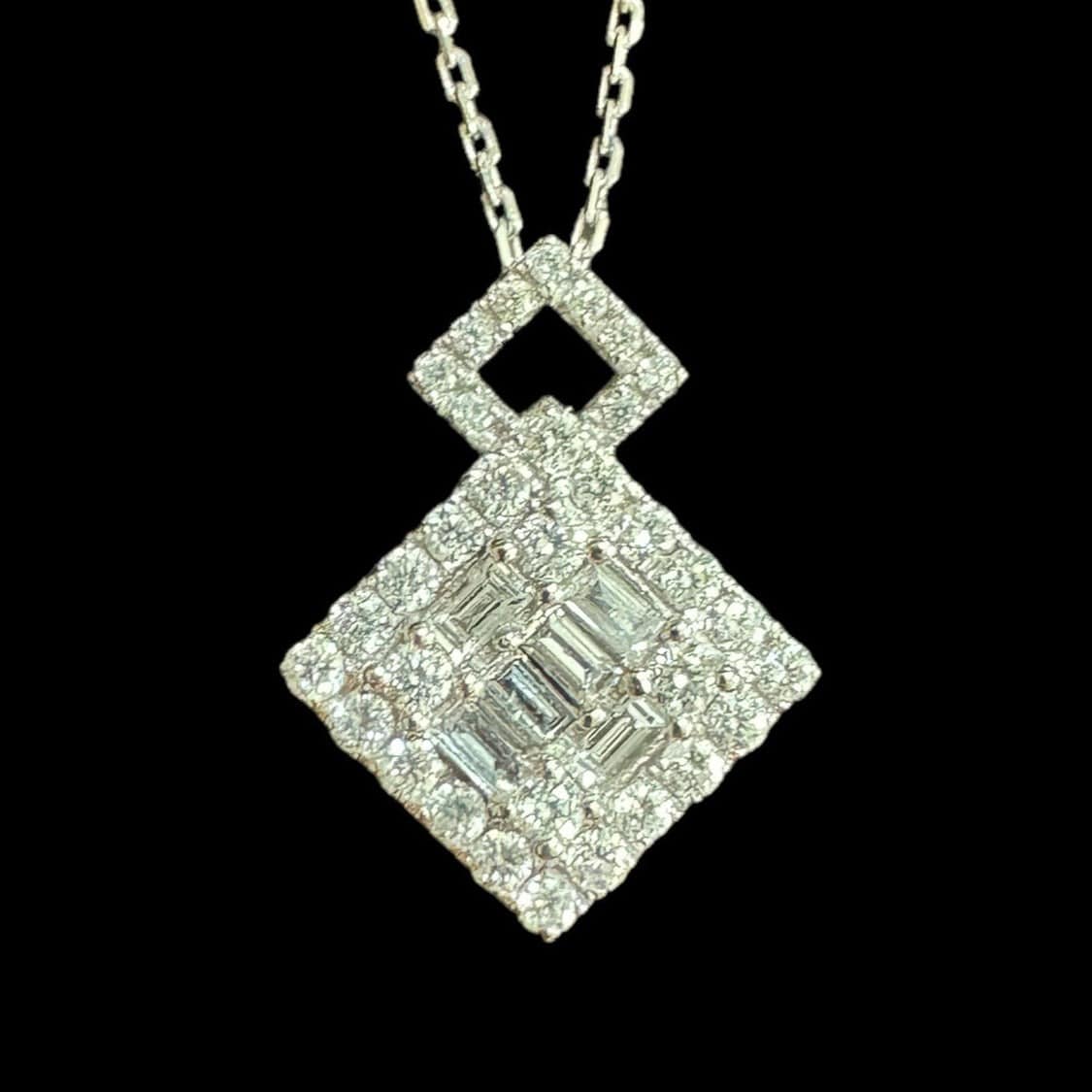 Luxury Promise Square Baguette & Round Natural White Diamond  Necklace set in 18K White Gold