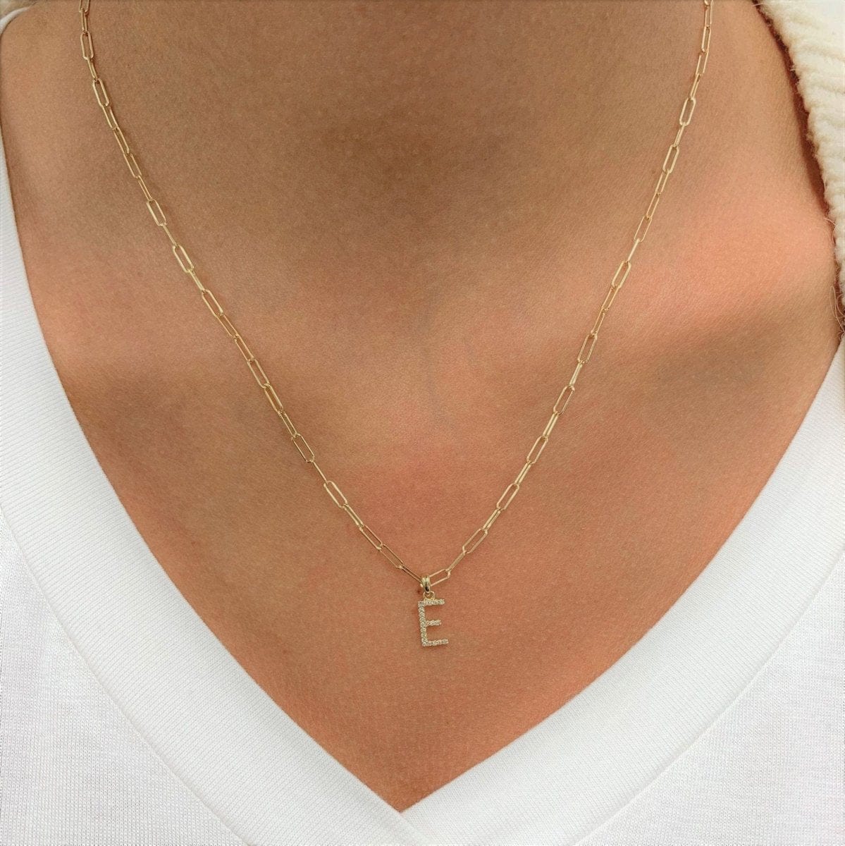 14k Yellow Gold & Diamond Paperclip Initial “B” Necklace