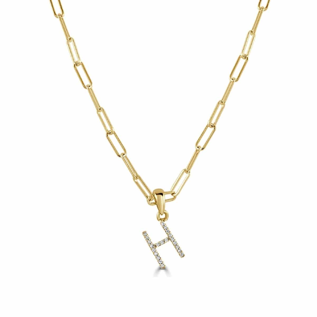 14k Yellow Gold & Diamond Paperclip Initial “H” Necklace