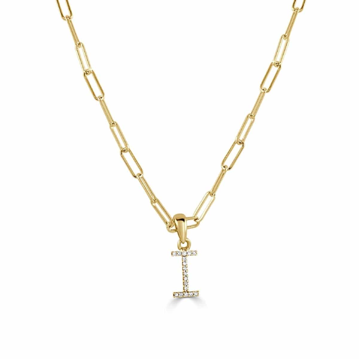 14k Yellow Gold & Diamond Paperclip Initial “I” Necklace