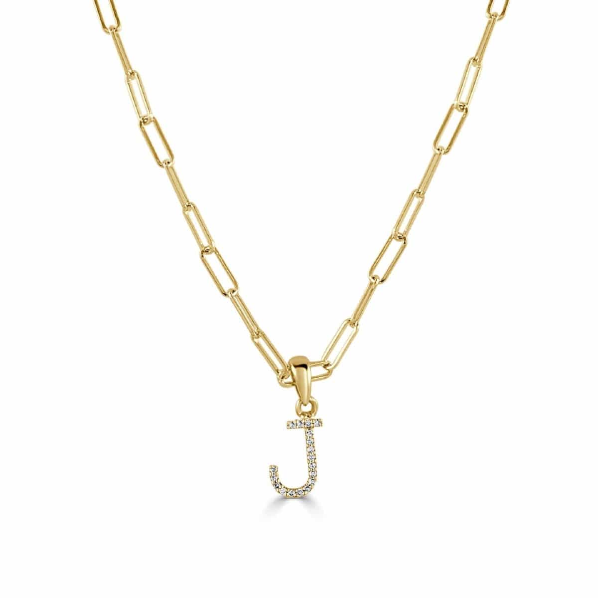 14k Yellow Gold & Diamond Paperclip Initial “J” Necklace