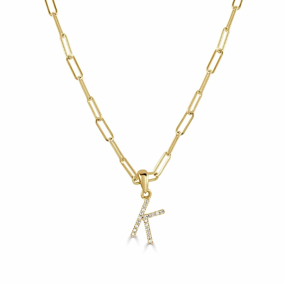 14k Yellow Gold & Diamond Paperclip Initial “K” Necklace