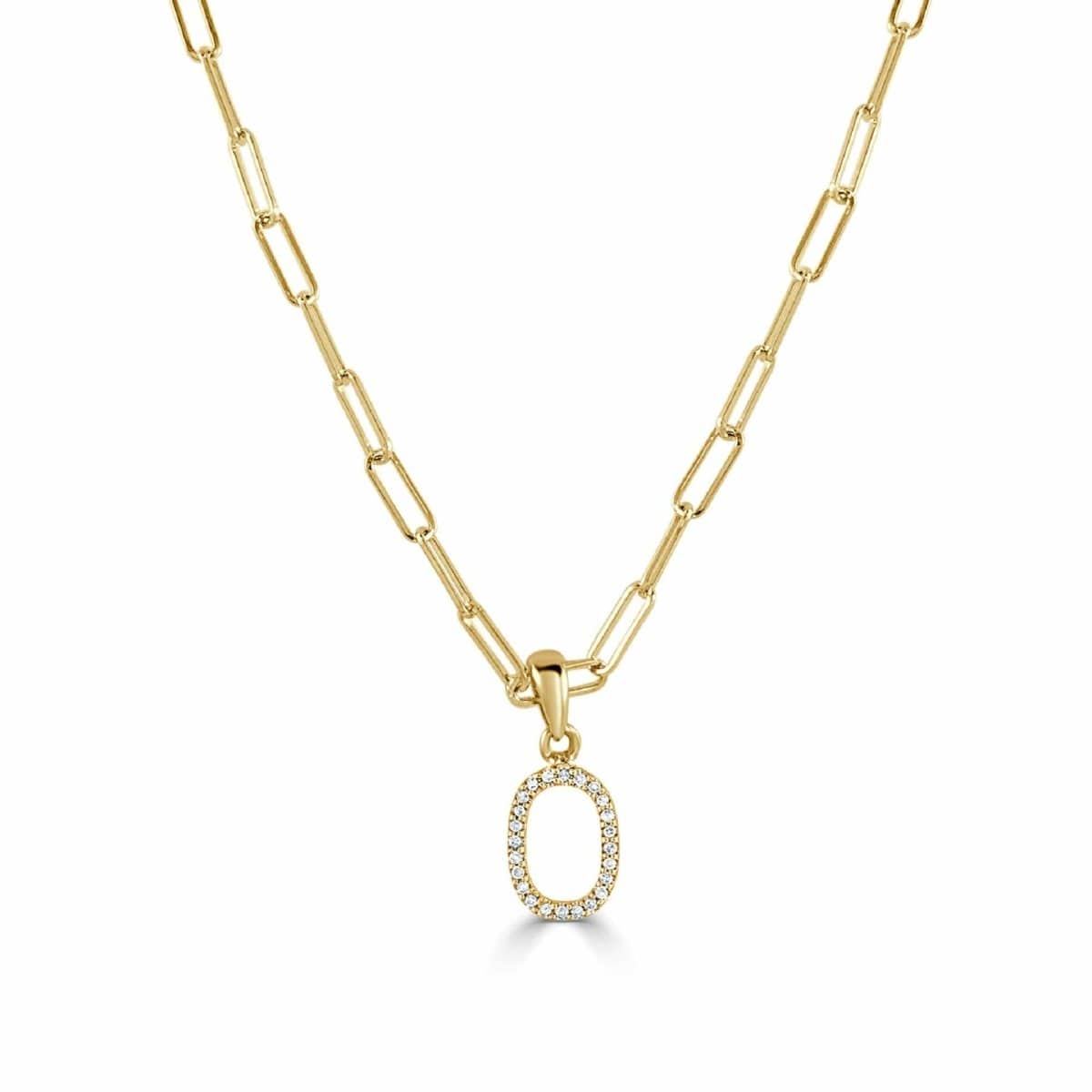 14k Yellow Gold & Diamond Paperclip Initial "O" Necklace