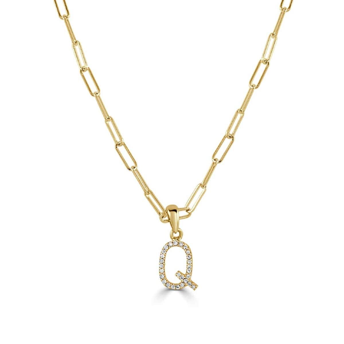 14k Yellow Gold & Diamond Paperclip Initial "Q" Necklace