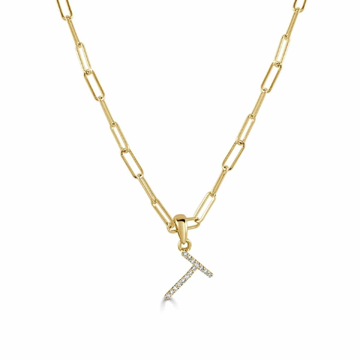 14k Yellow Gold & Diamond Paperclip Initial "T" Necklace